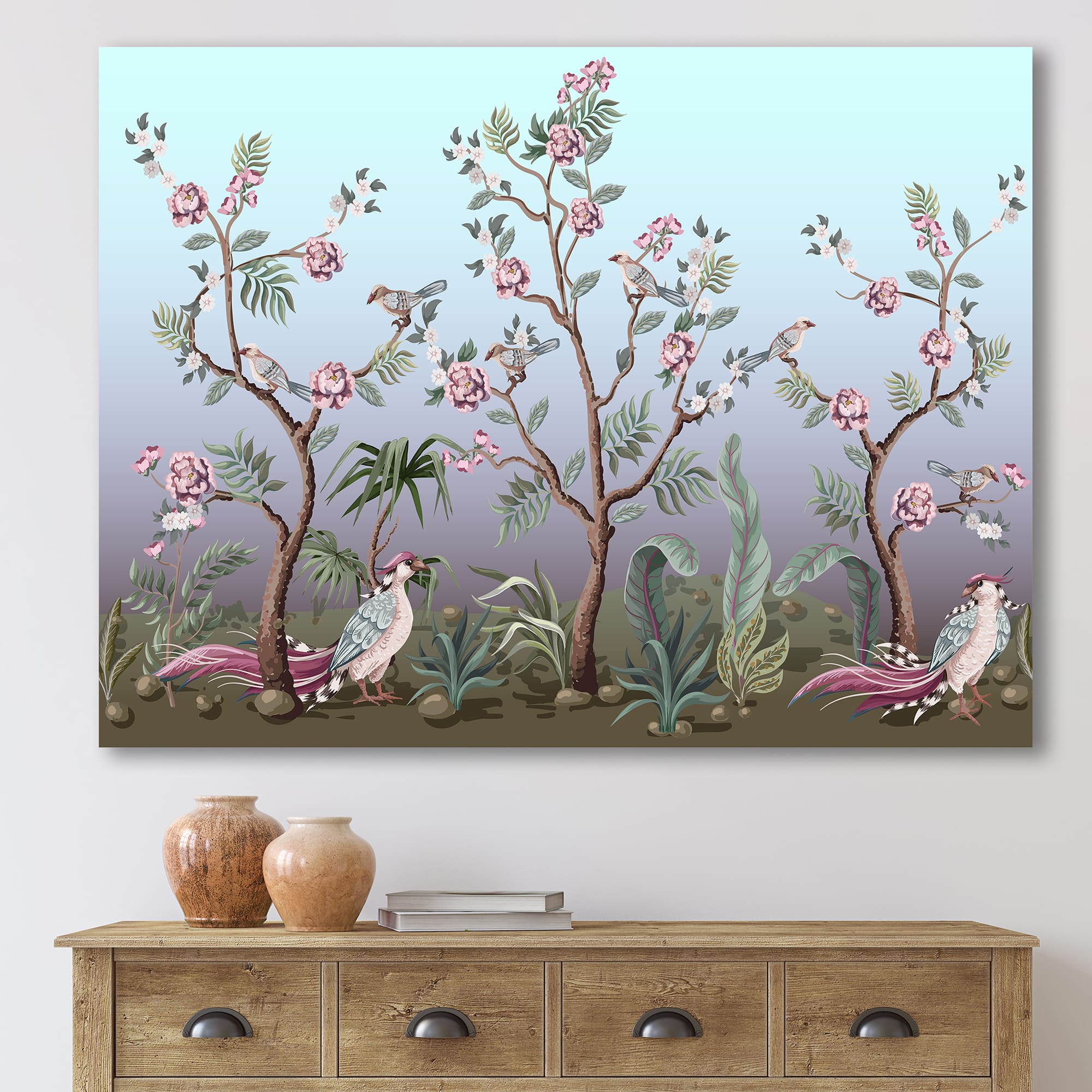 Designart - Chinoiserie With Birds and Peonies II - Traditional Canvas Wall Art Print