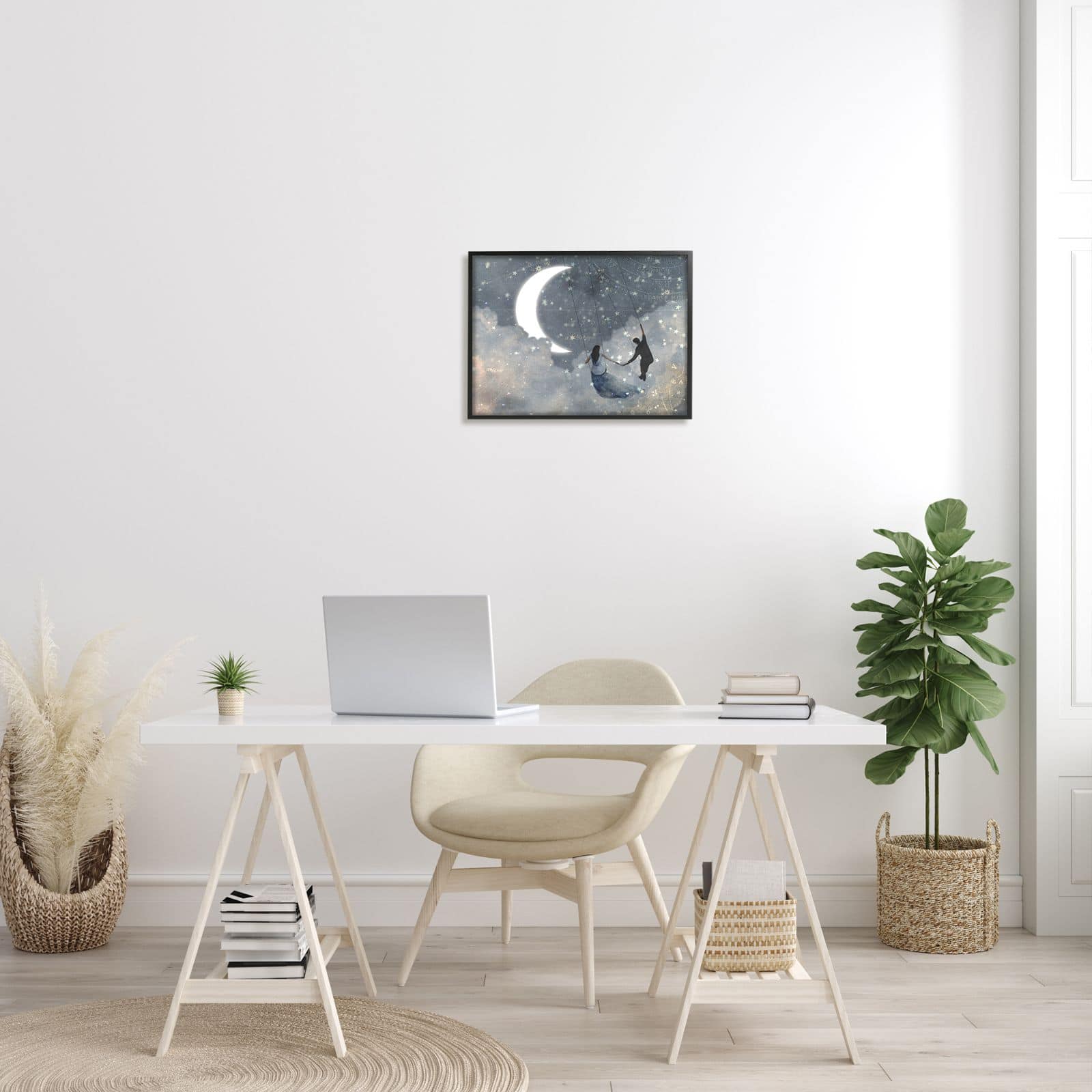 Stupell Industries Grey and Blue Celestial Love Sky Swinging by the Crescent Moon and Stars Framed Wall Art