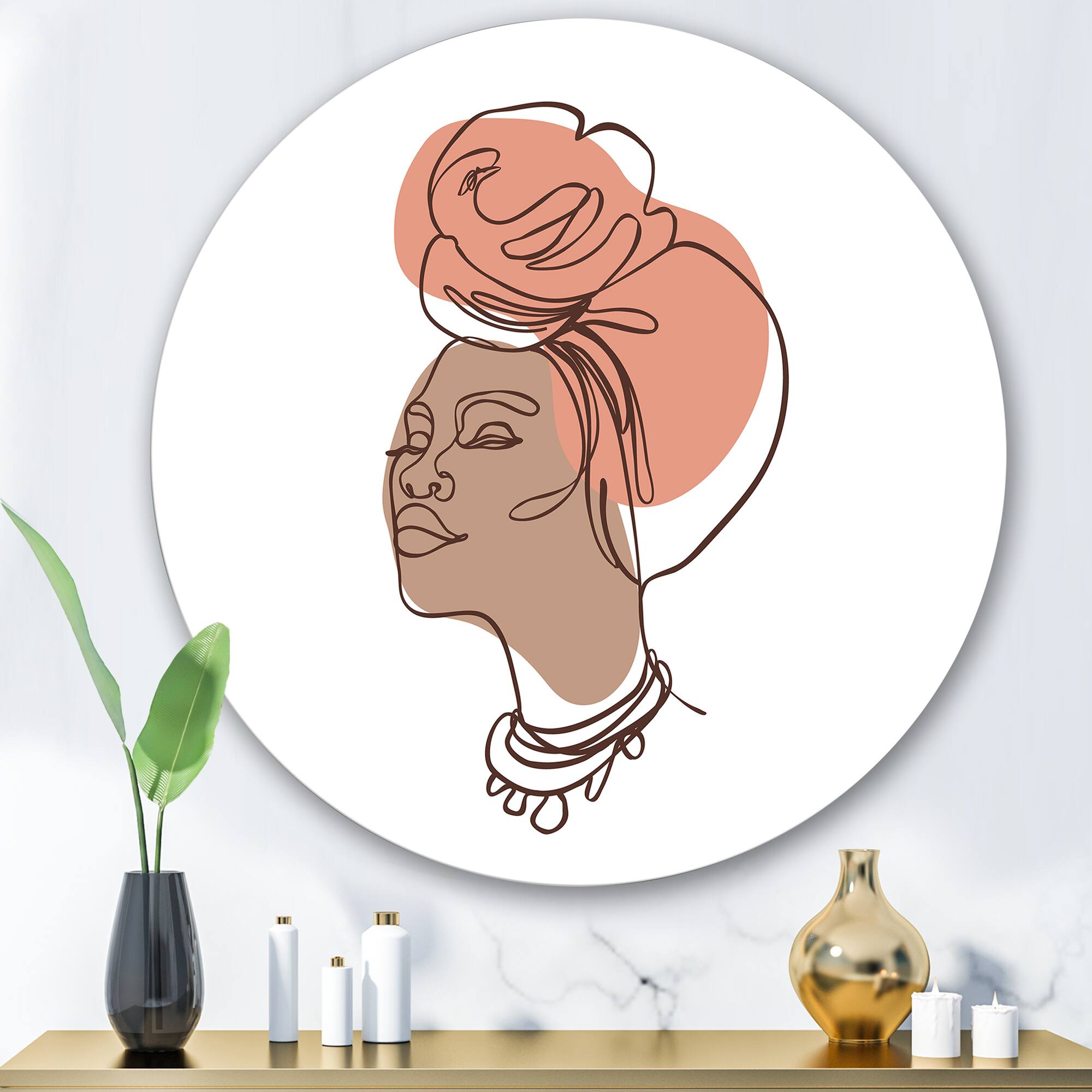 Designart - One Line Portrait of African American Woman IV - Modern Metal Circle Wall Art