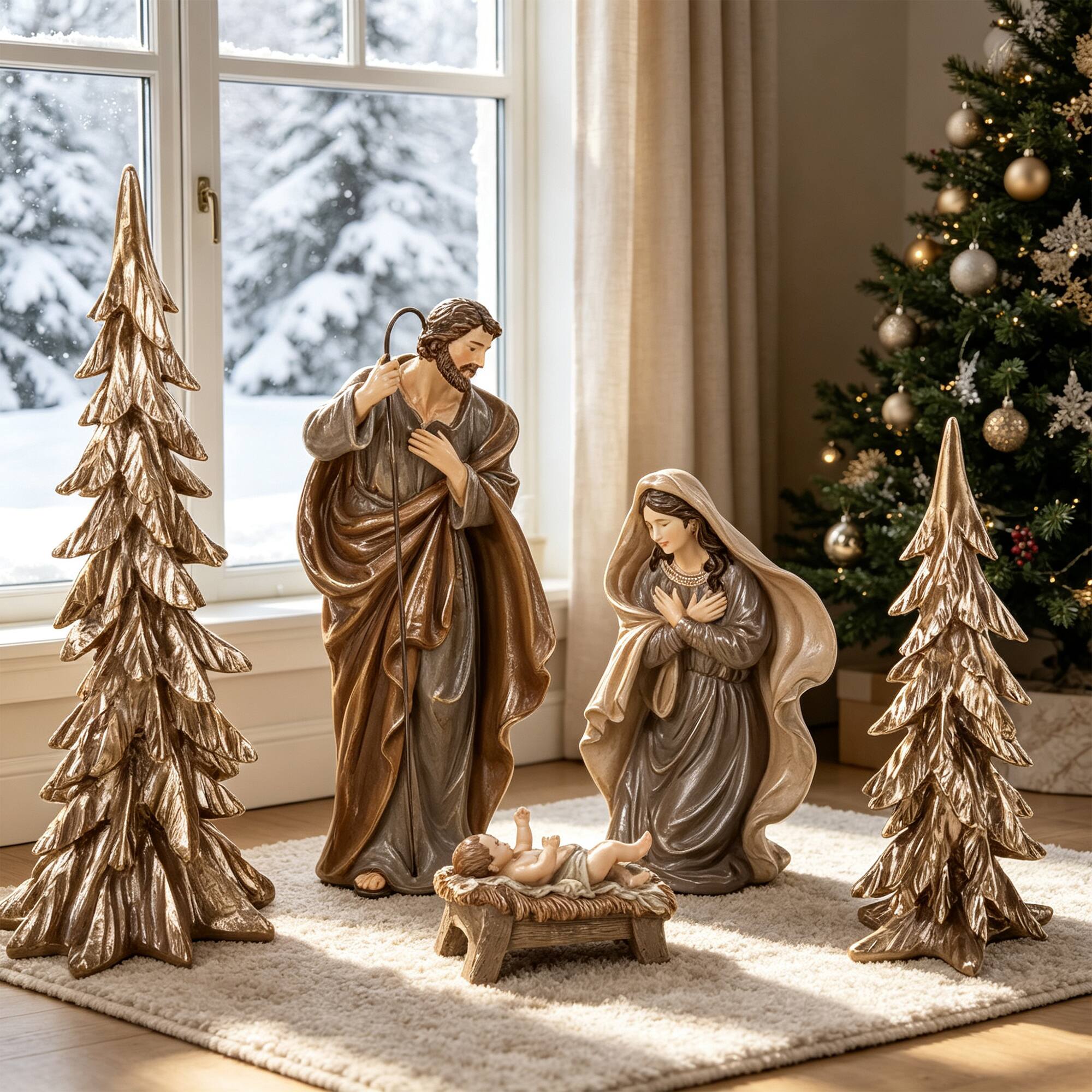 Glitzhome® 5-Piece Brown Resin Holy Family & Christmas Trees Figurine Set