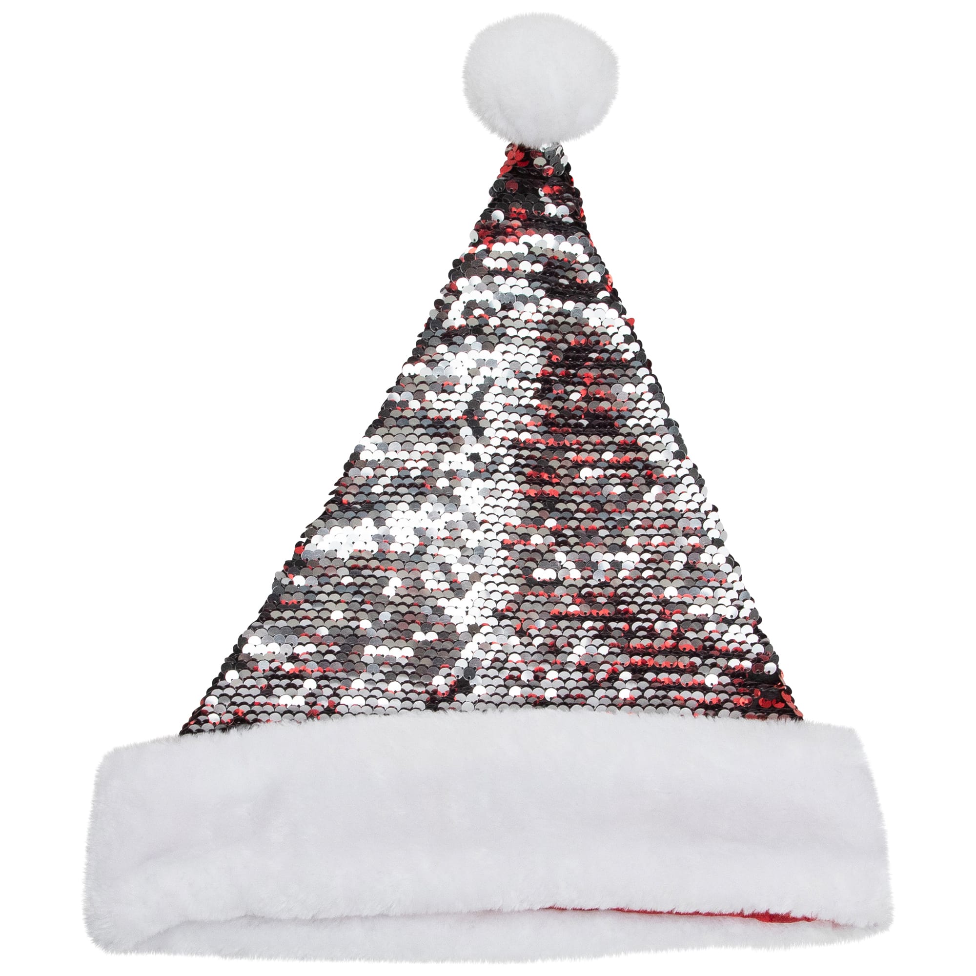15" Red & Silver Reversible Sequined with Faux Fur Cuff Santa Hat