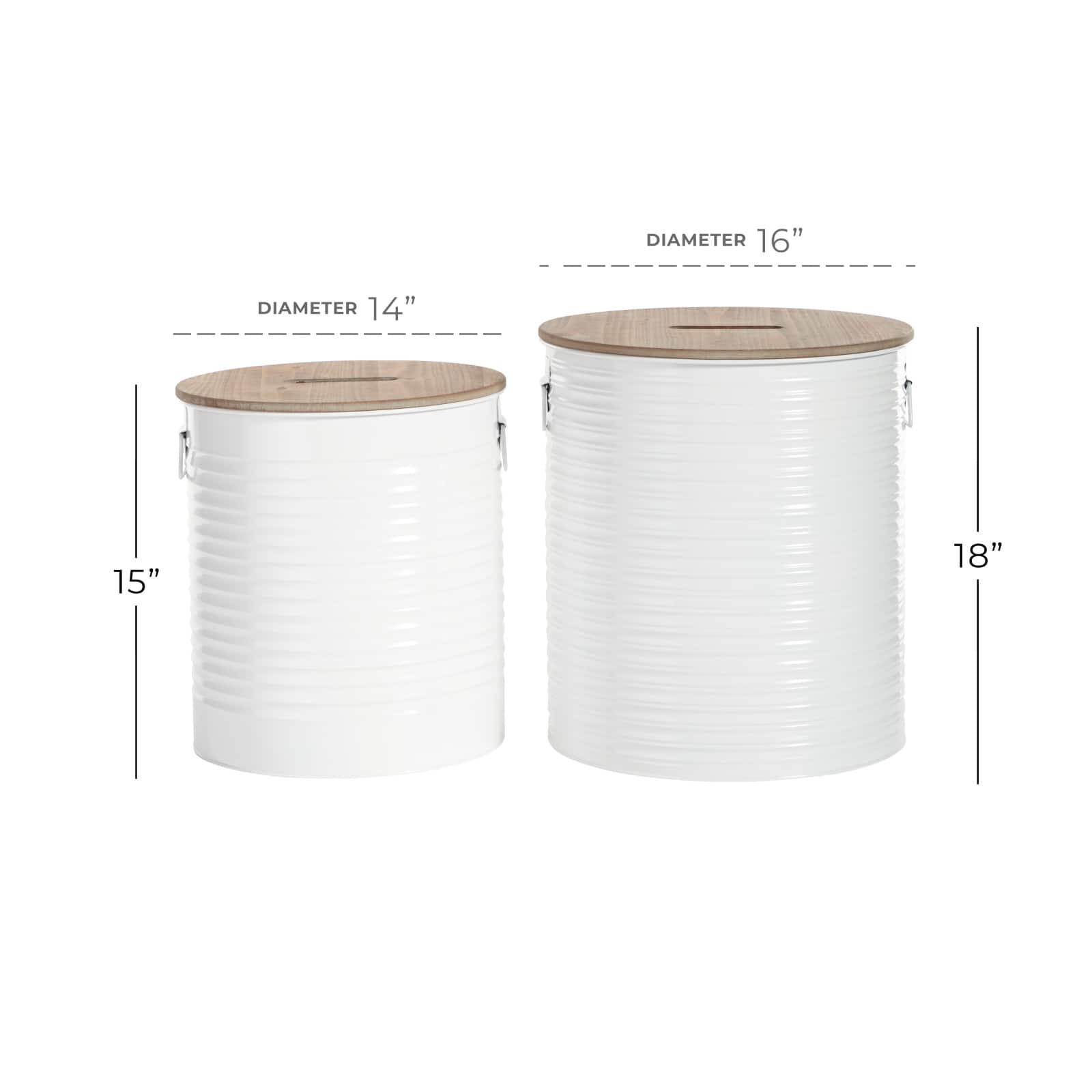Set of 2 White Metal Farmhouse Storage Stool, 18", 16"