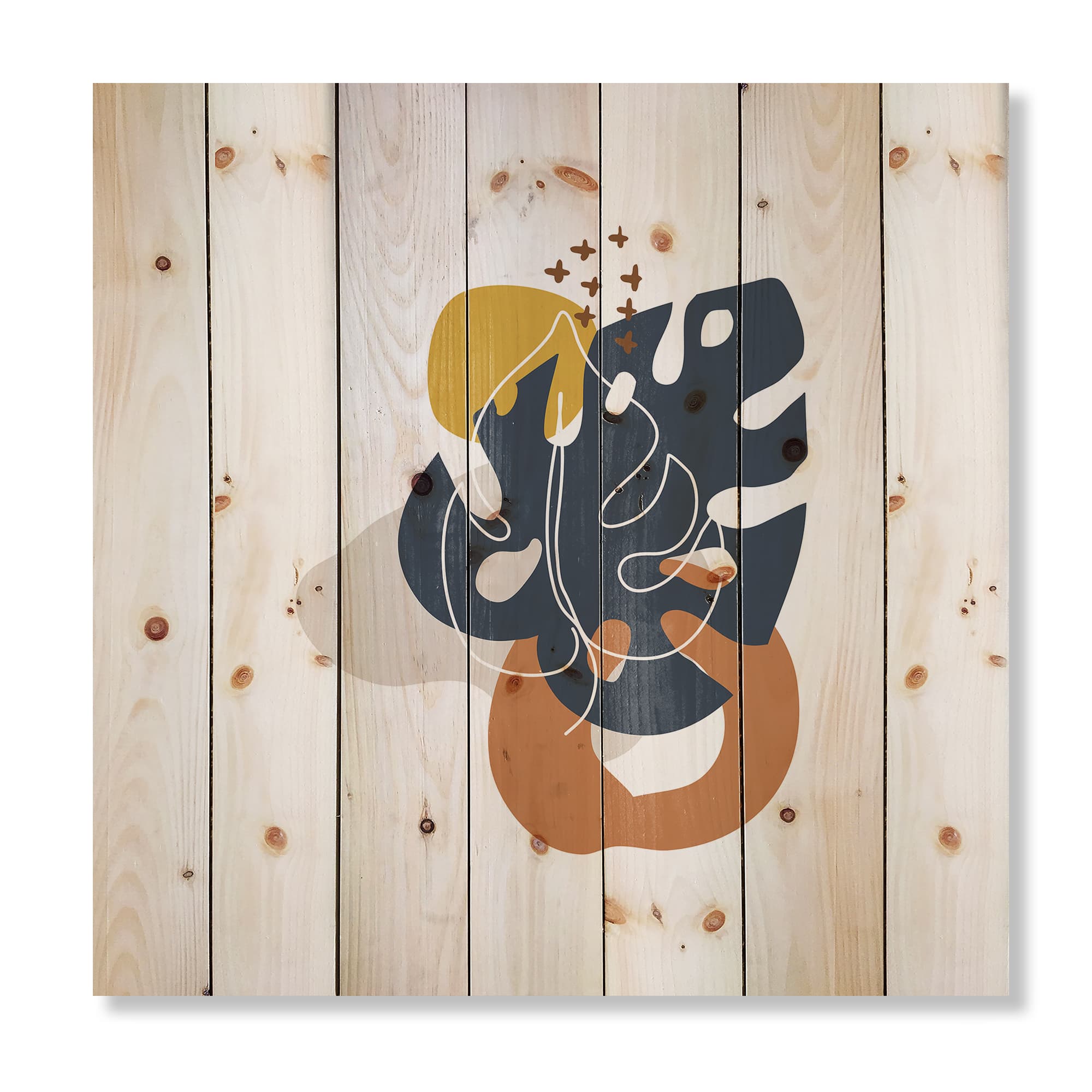 Designart - Abstract Flowers On Minimal Shapes IX - Modern Print on Natural Pine Wood