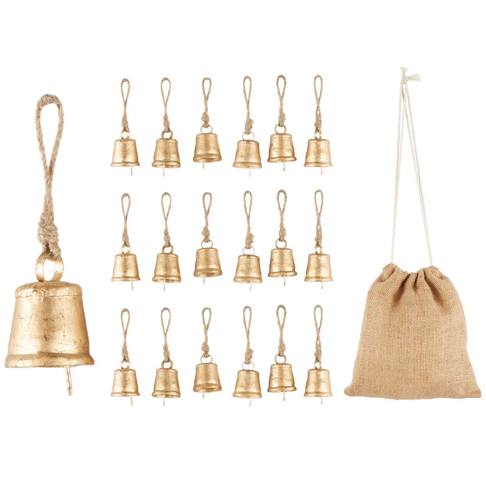 Gold Metal Tibetan-Inspired Decorative Bells with Jute Rope and Canvas Drawstring Tote Set