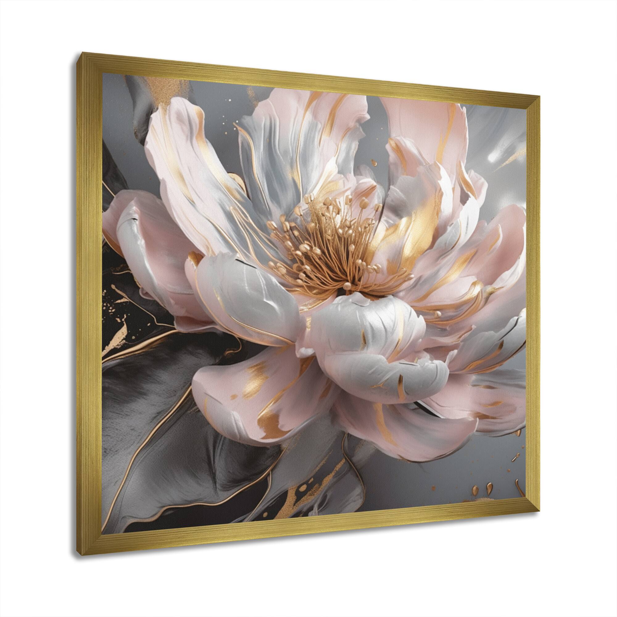 Designart "Marble Pink Gold Peony Flower Iii" Floral Peony Framed Canvas Print