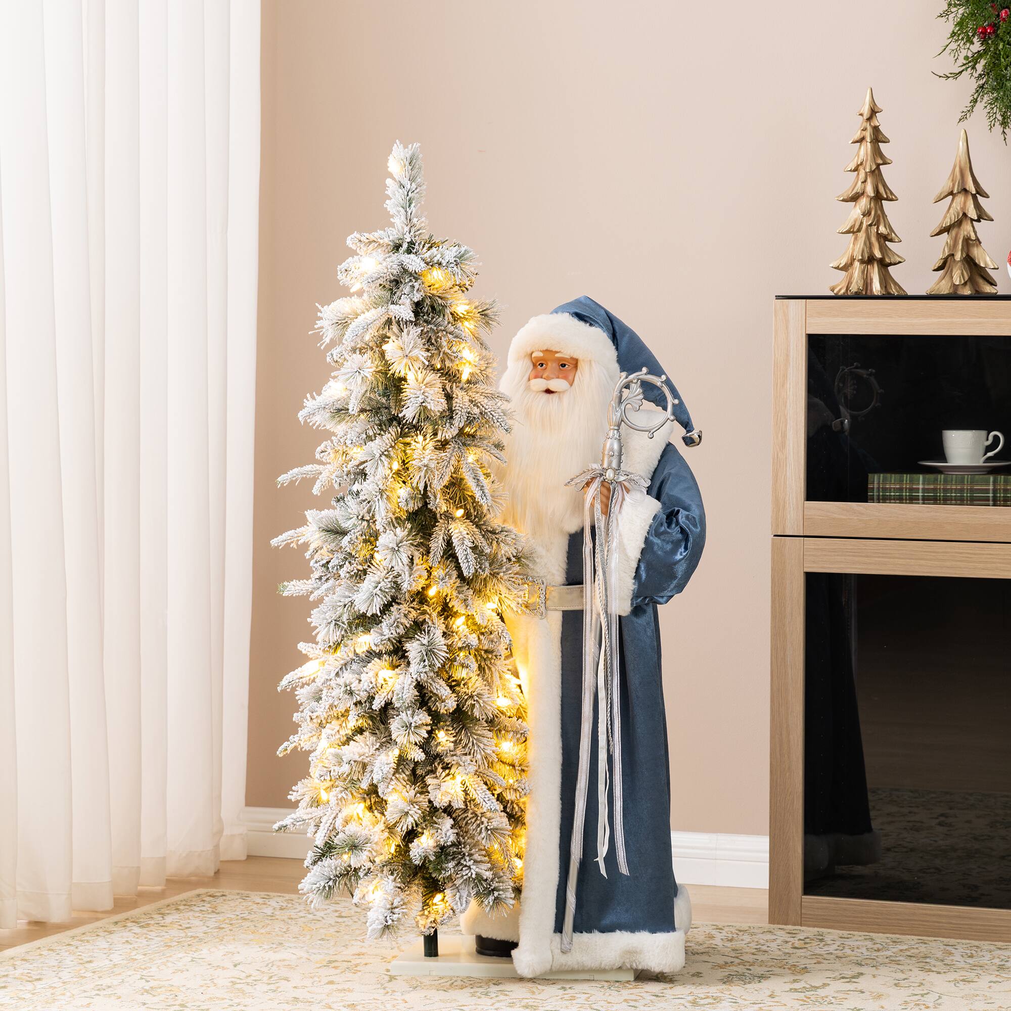 Glitzhome® 3.5ft. Oversized Deluxe Blue Christmas Santa with 4ft Lighted Flocked Artificial Christmas Tree