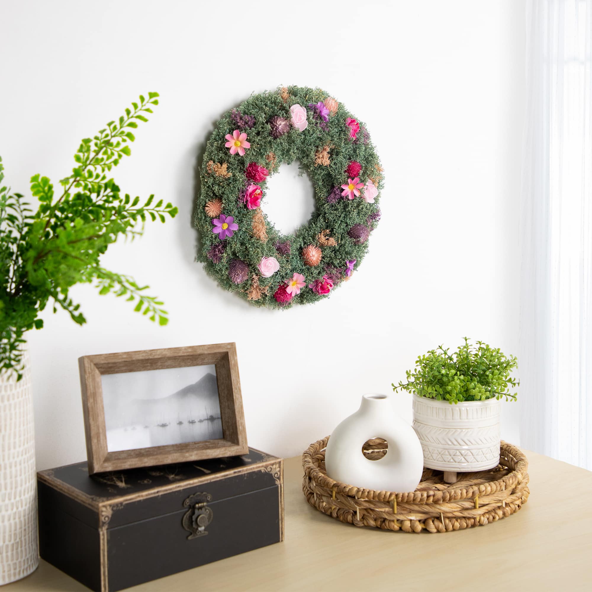 13" Pink Rose & Purple Thistle Spring Wreath