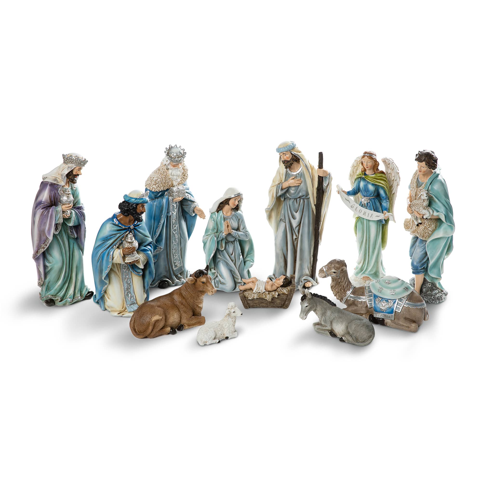 Glitzhome® Oversized Deluxe Blue Resin Nativity Figurine Set