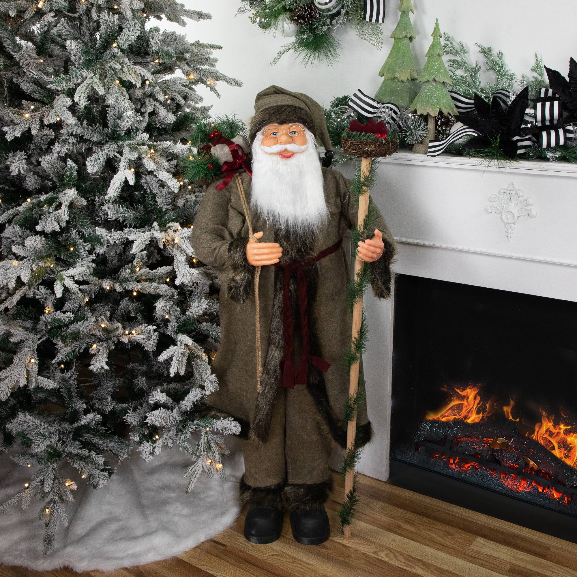 4ft. Olive Green & Burgundy Red Standing Santa Claus with Gift Bag Christmas Figure