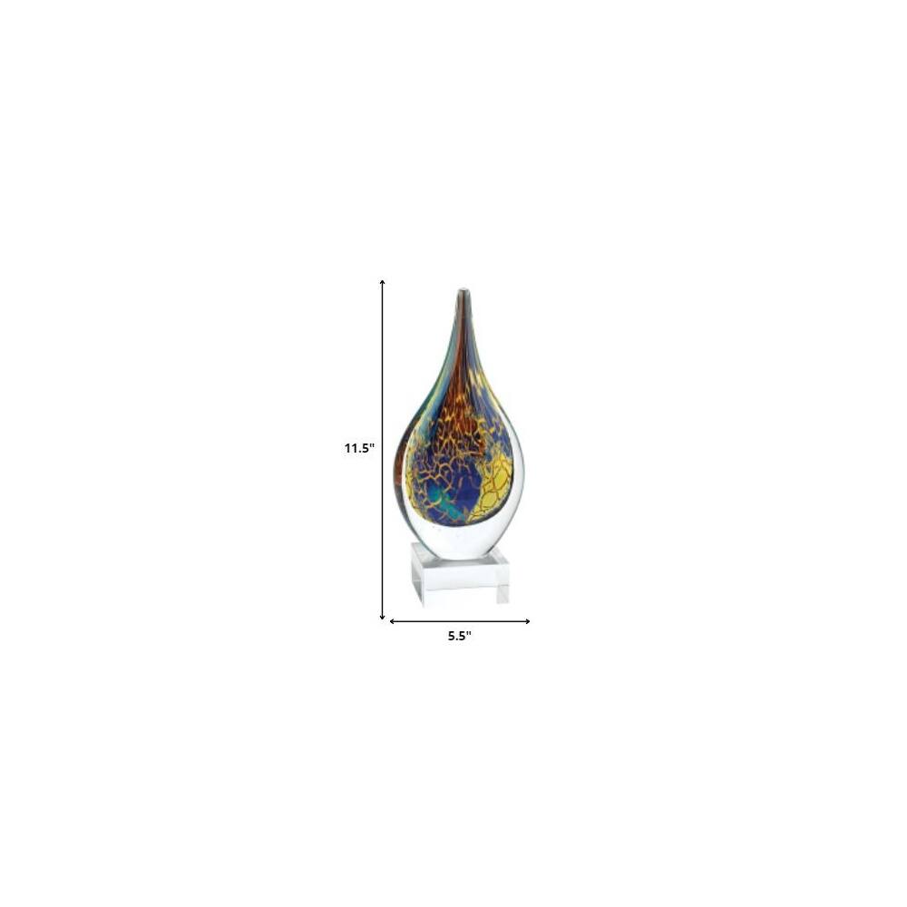 HomeRoots 11.5" Blue & Yellow Murano Glass Modern Abstract Tabletop Sculpture
