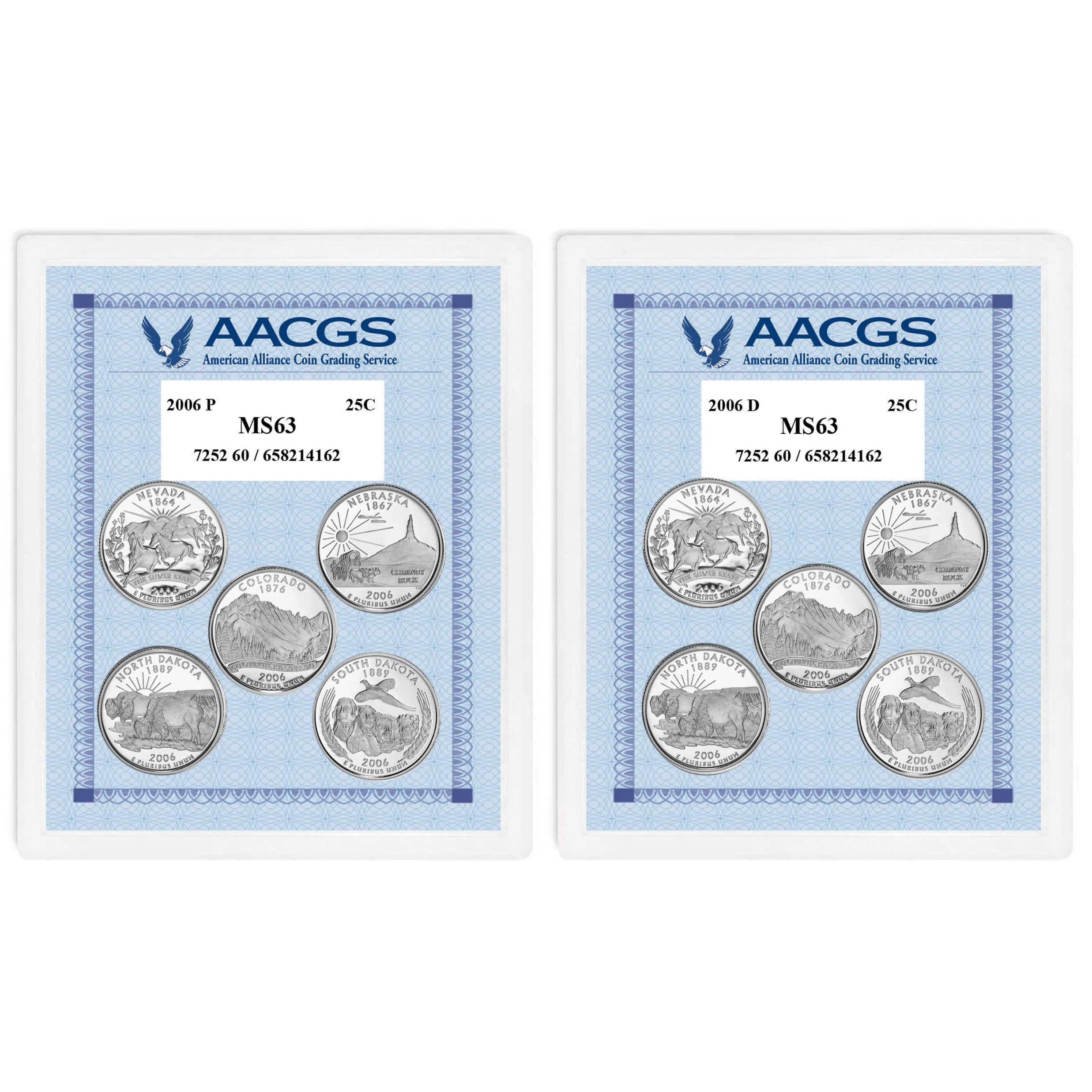2006P & 2006D Statehood Quarters Graded MS63 Brilliant Uncirculated 