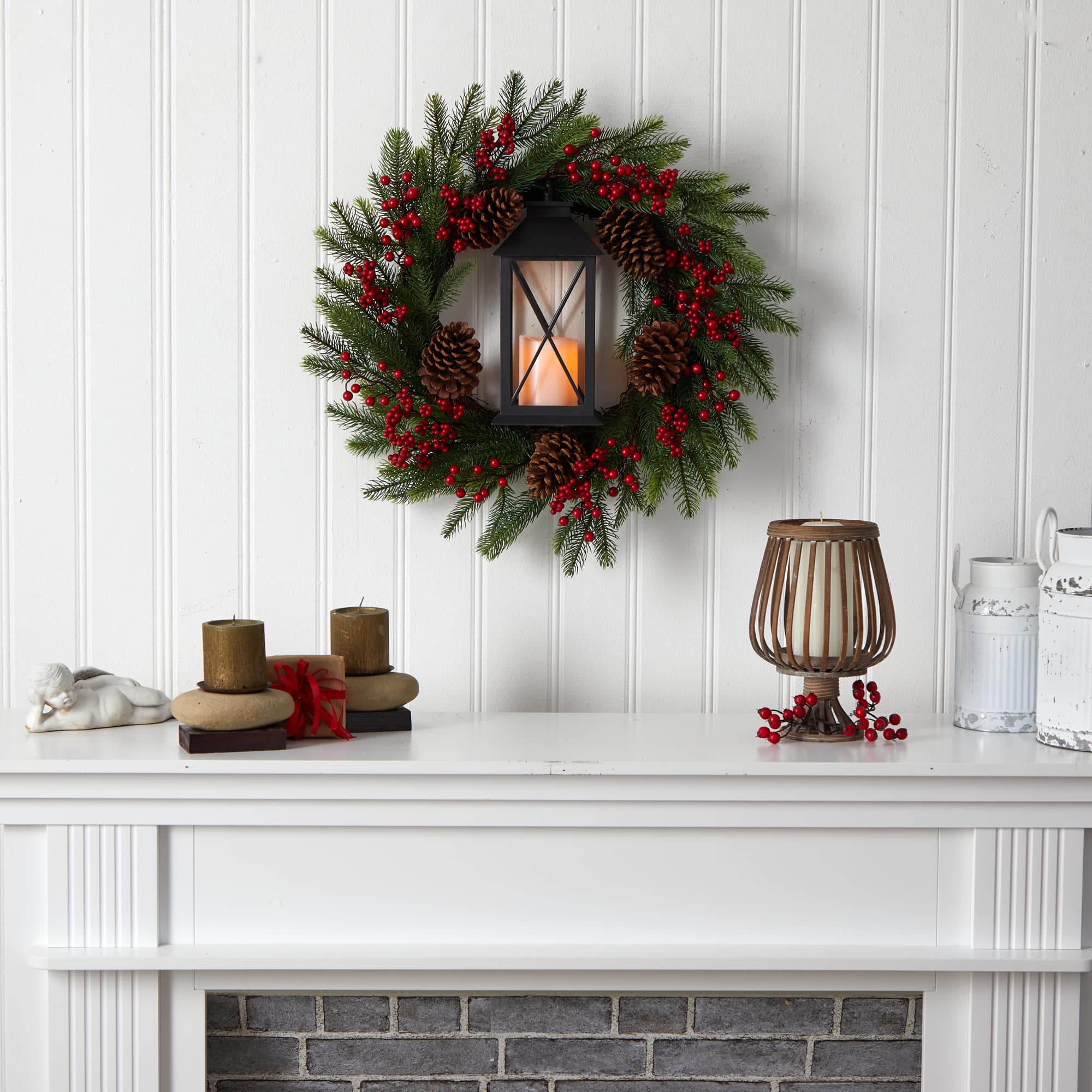 28" Berries & Pine Christmas Wreath with Lantern & Included LED Candle
