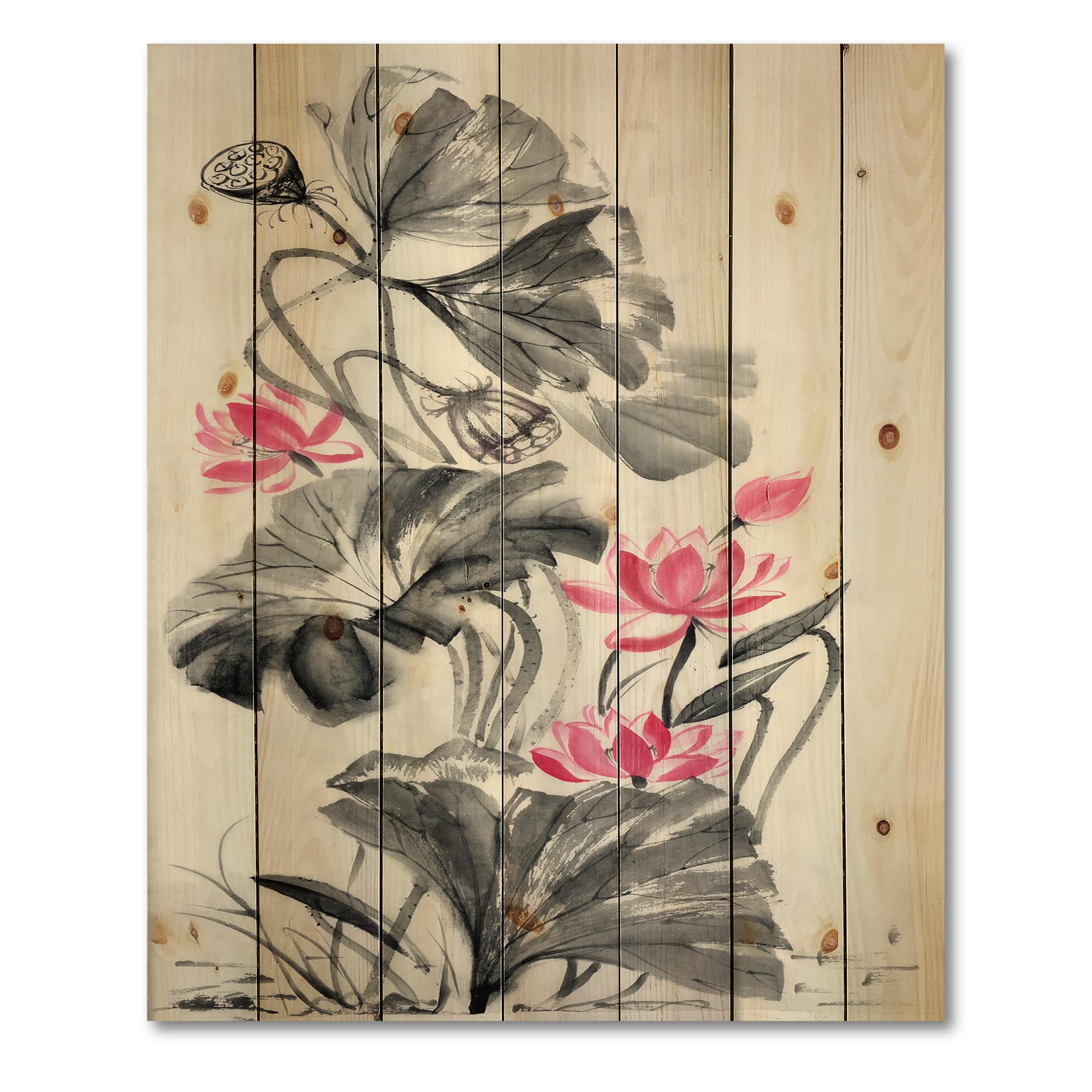 Designart - Pink Vintage Lotus Flower - Traditional Print on Natural Pine Wood