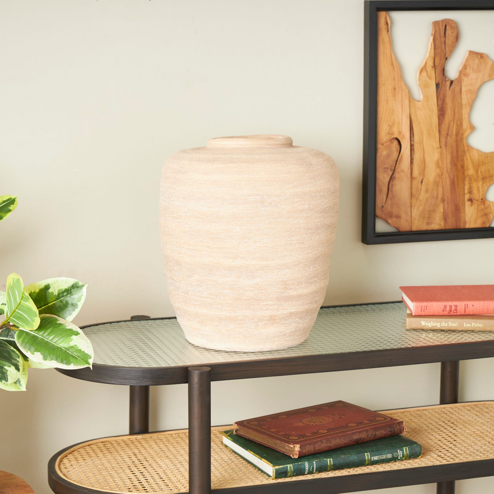16" Beige Ceramic Wide Textured Vase