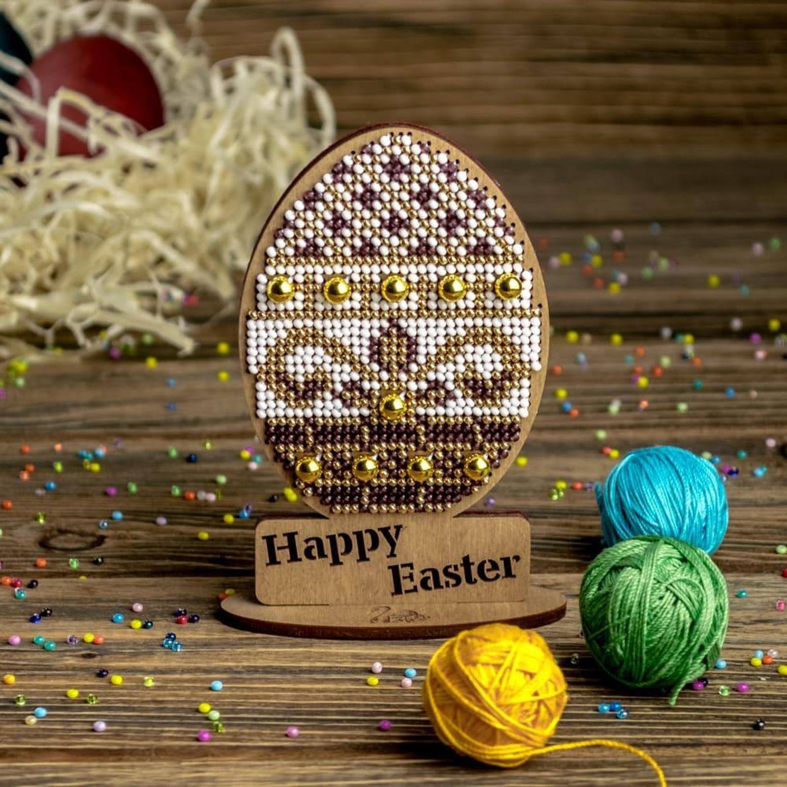 Wonderland Crafts Purple, White & Gold Happy Easter Egg Bead Embroidery on Wood Kit