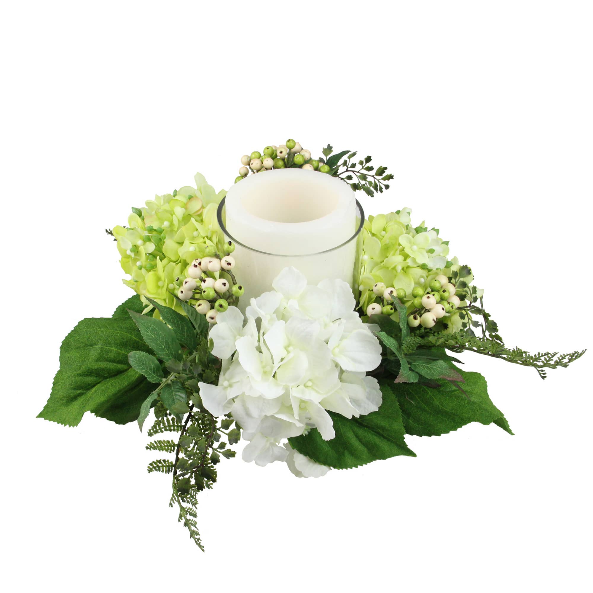 16" Cream White & Green Artificial Hydrangea & Berry Hurricane Glass Candle Holder