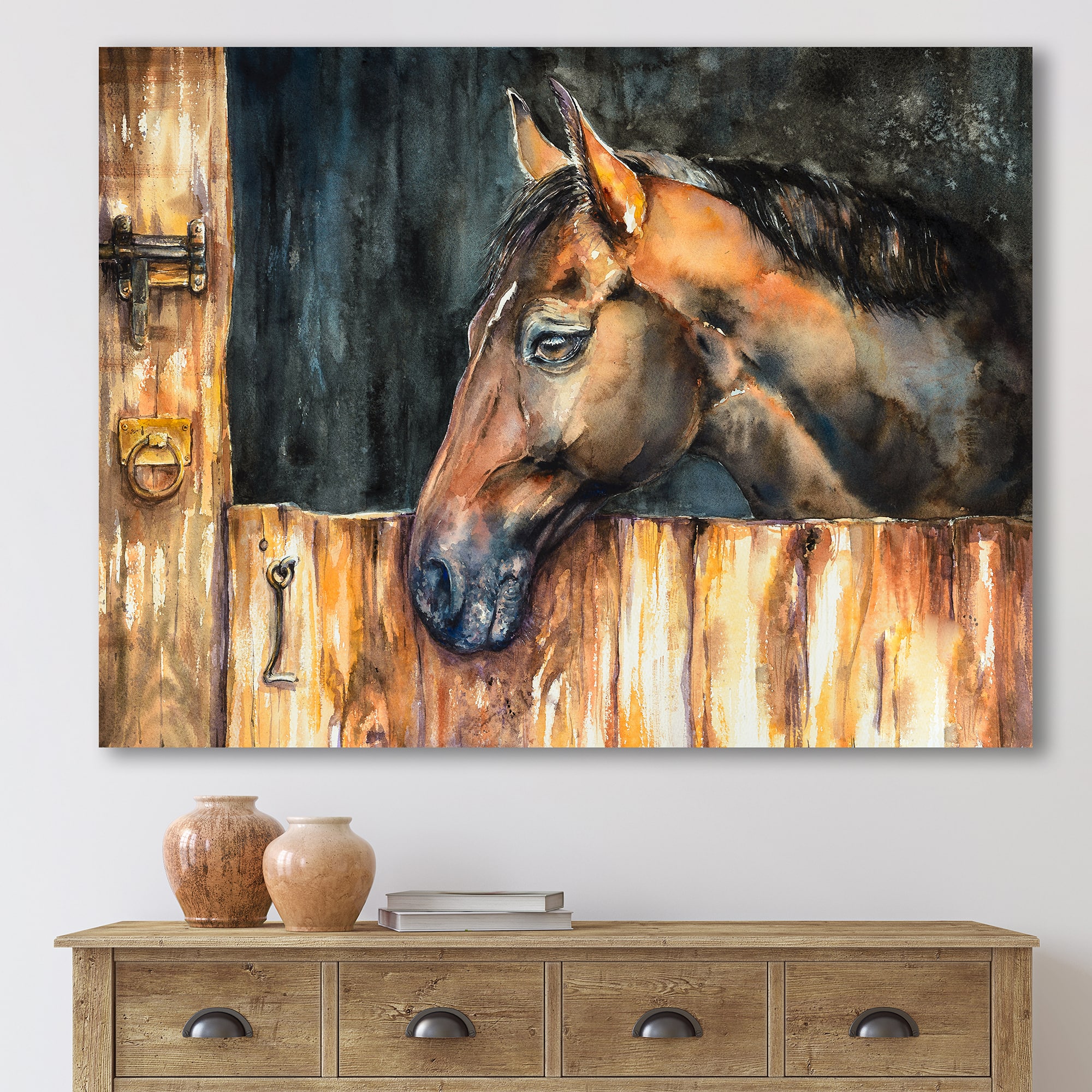 Designart - The Head of A Horse In Stable - Farmhouse Canvas Wall Art Print