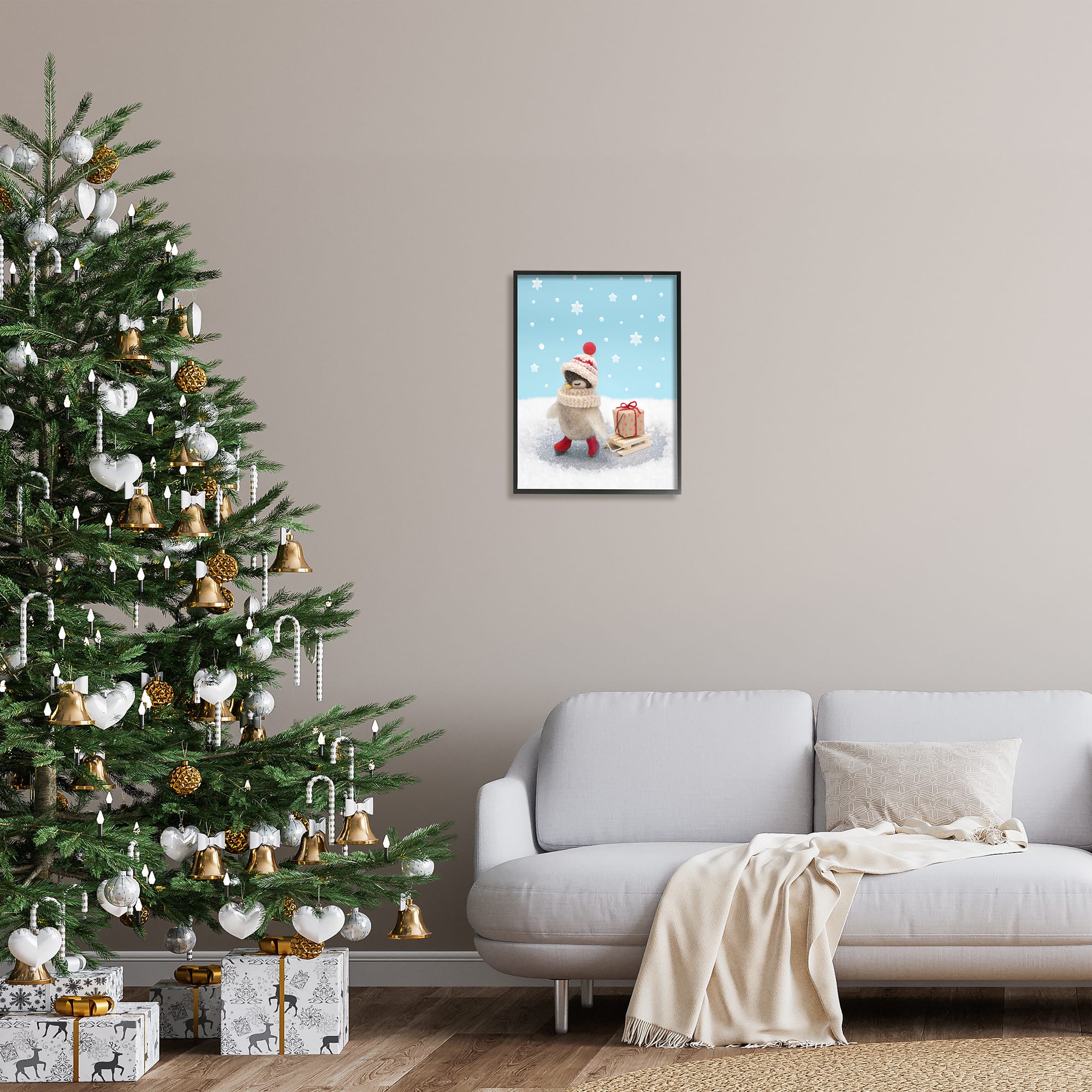 Stupell Industries Penguin Christmas Present Sled Framed Giclee Art