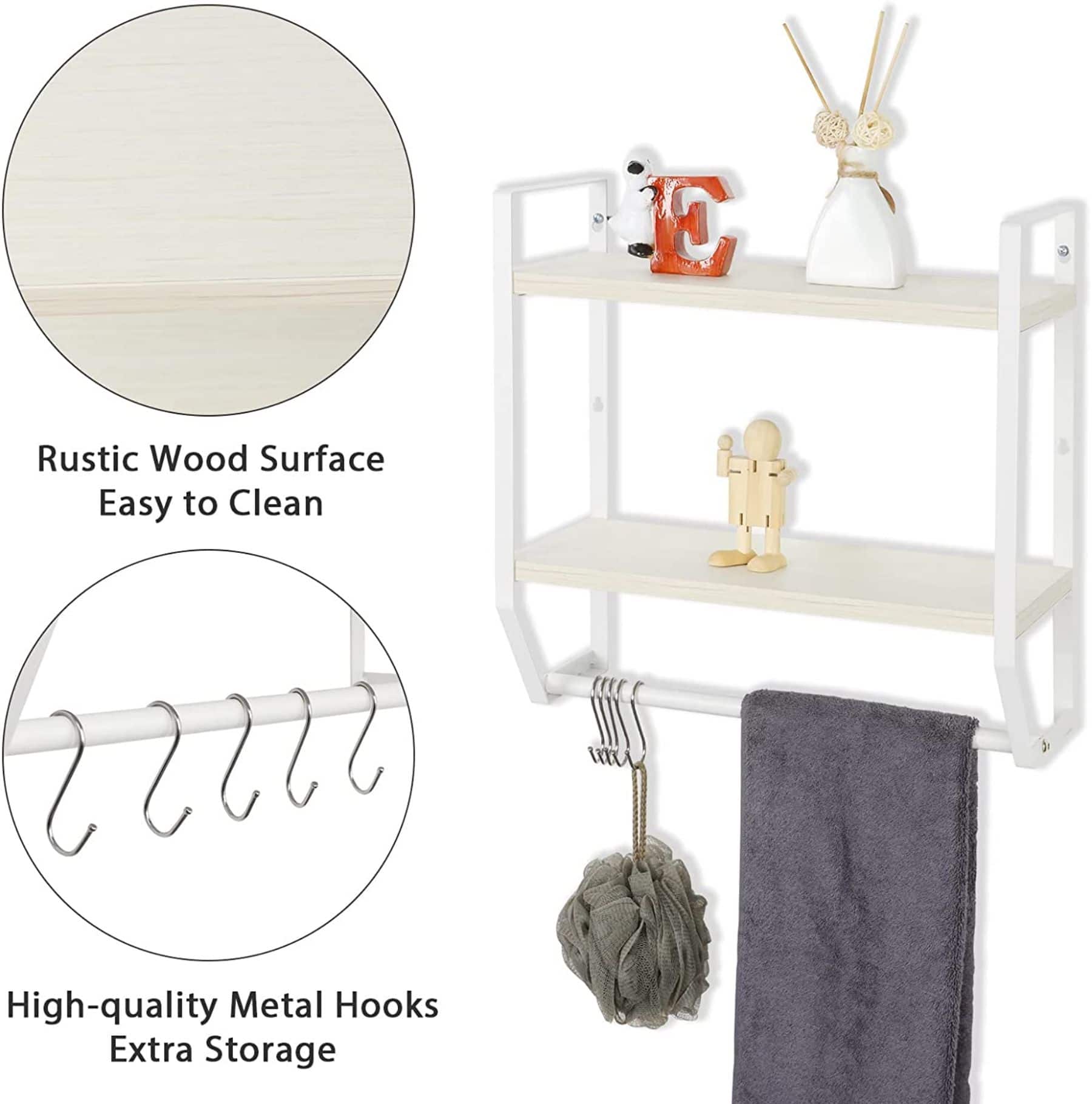 2-Layer Wall Mounted Rustic Shelves with Iron Towel Bar