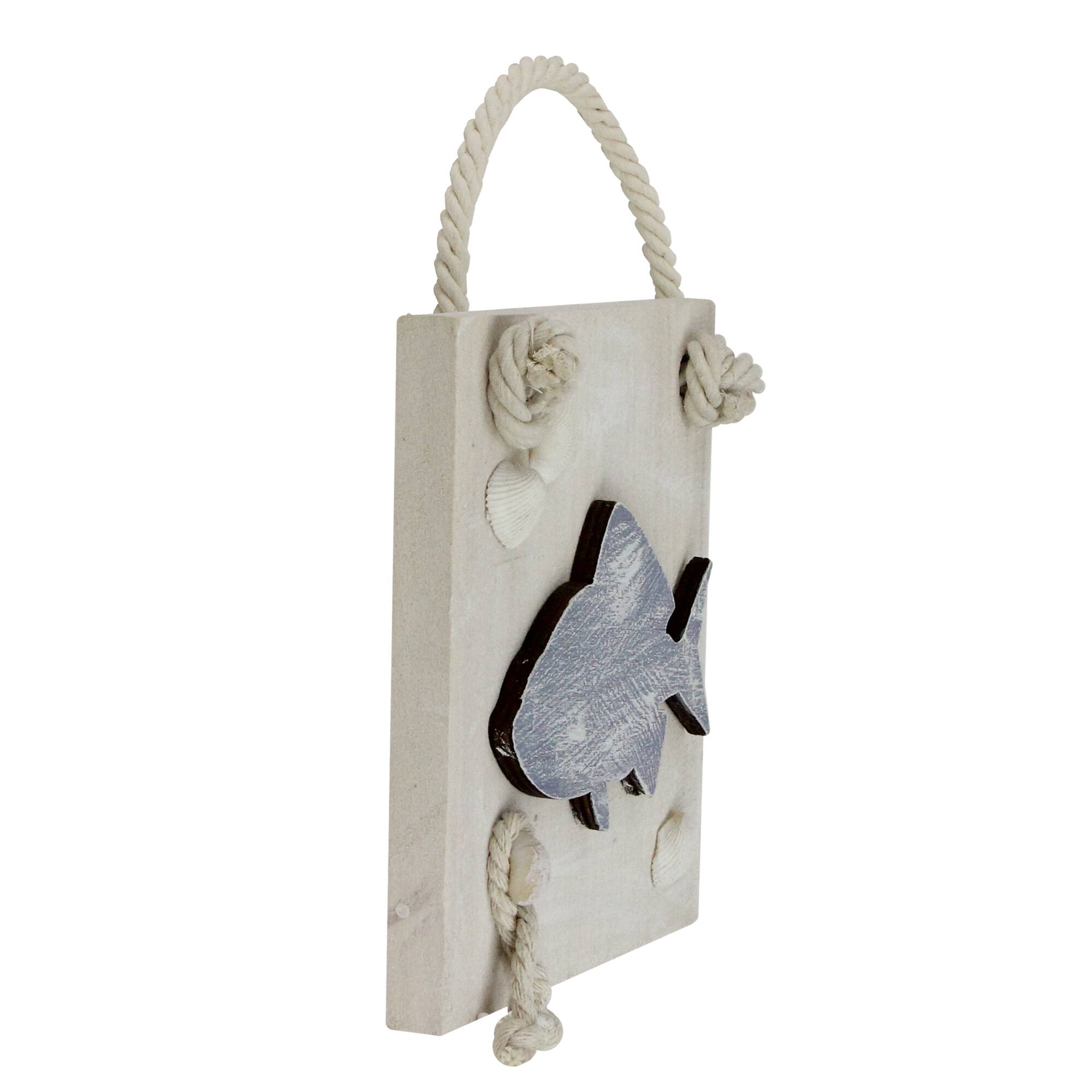 6" Blue & Beige Hanging Fish Plaque with Seashells Wall Accent