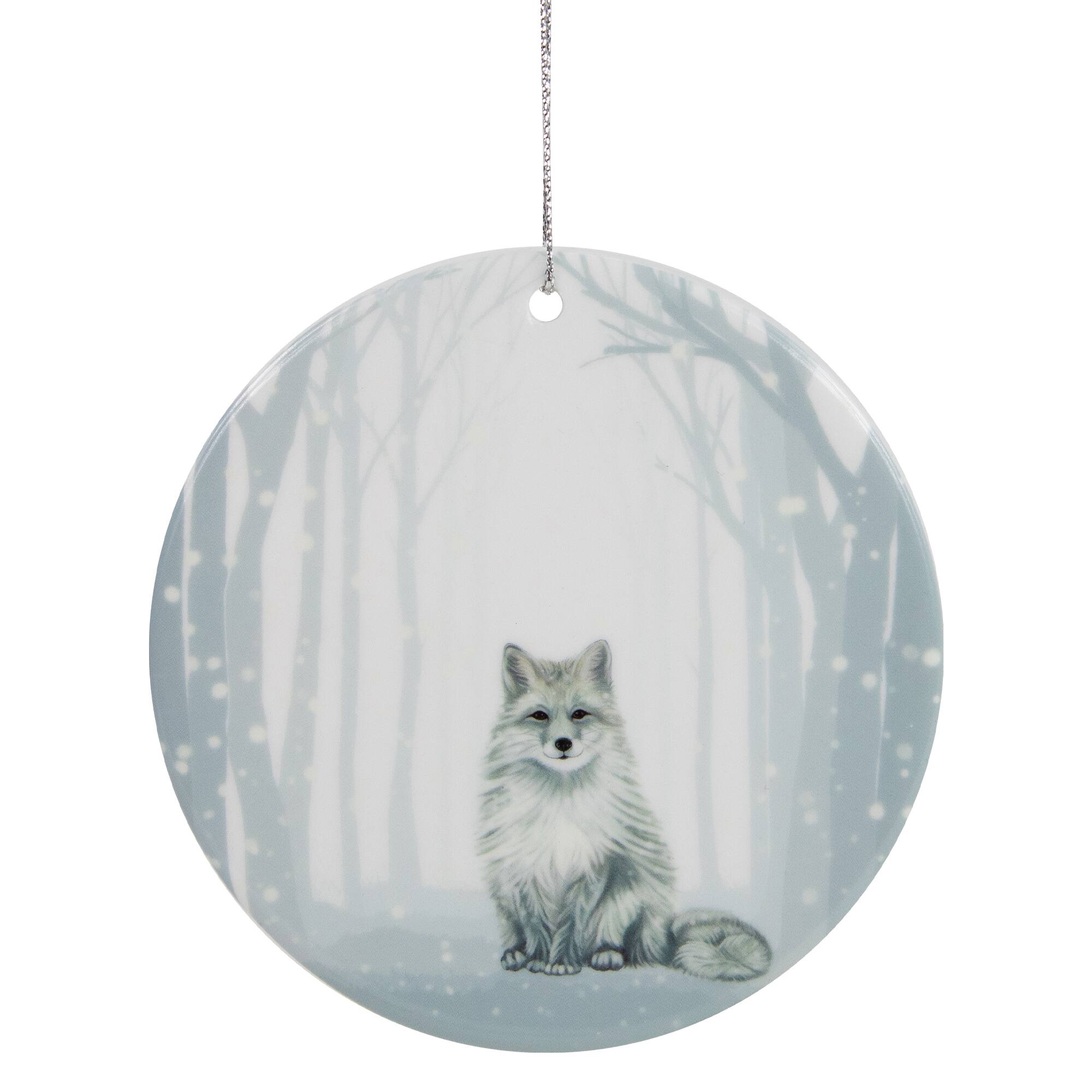 White & Silver Porcelain Arctic Fox Disc Ornament