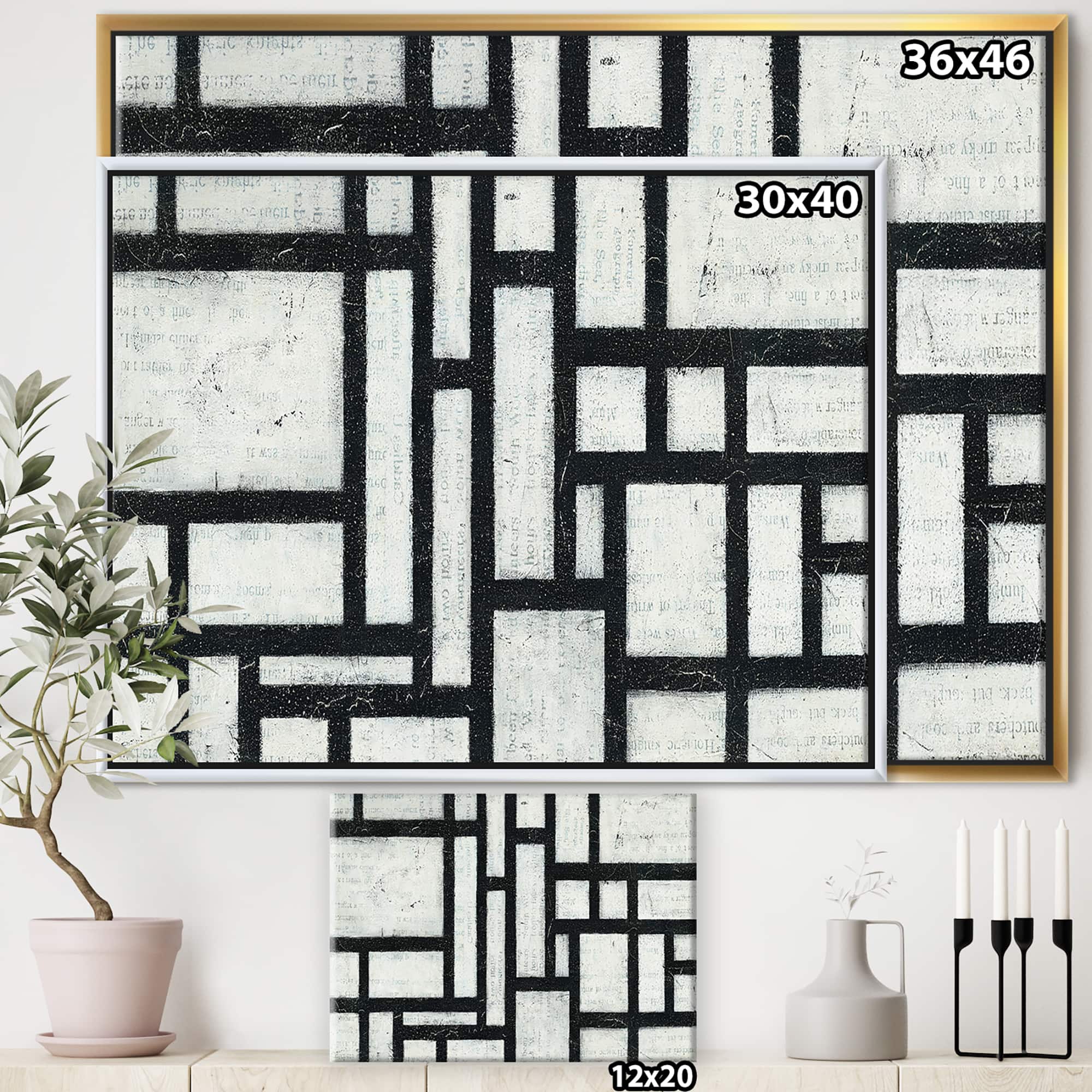 Designart - Black and White Labyrinth geometric - Mid-Century Modern Canvas in Gold Frame