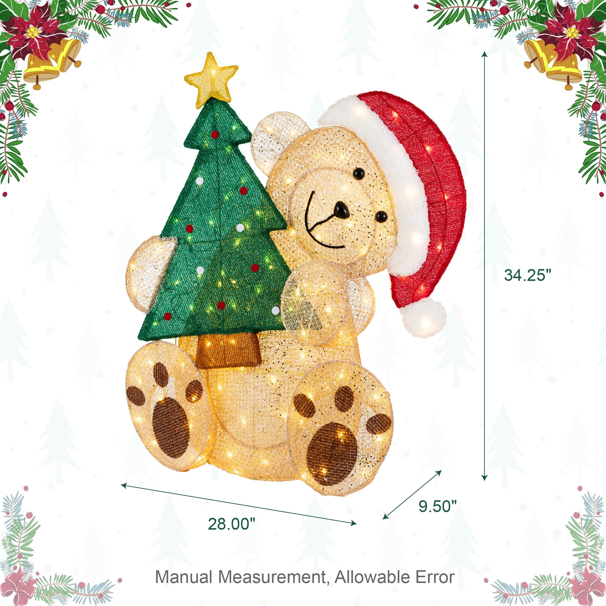 Glitzhome® 34.25" Christmas 3D Glittered Fabric Bear with Tree & 110 Warm White LED Lights