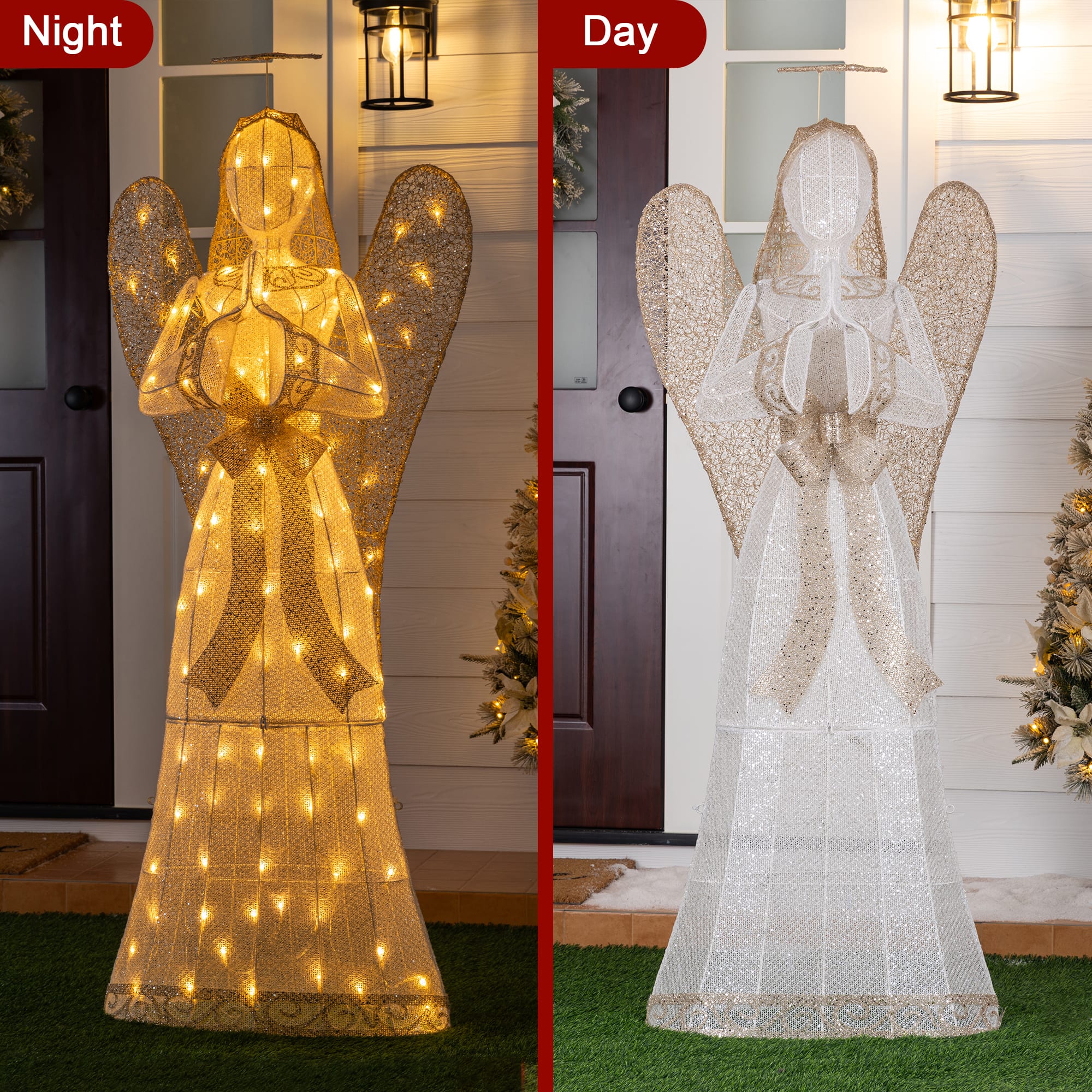 Glitzhome® 63" Christmas 3D Glittered Fabric Angel with 120 Warm White LED Lights