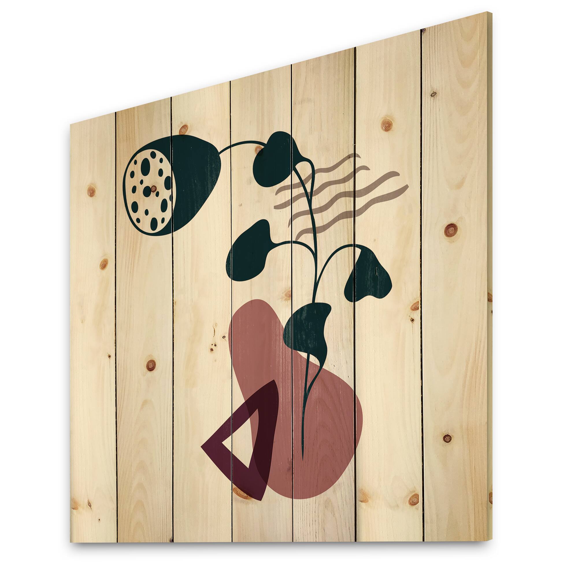 Designart - Elementary Shapes With Abstract Flowers Plants V - Modern Print on Natural Pine Wood