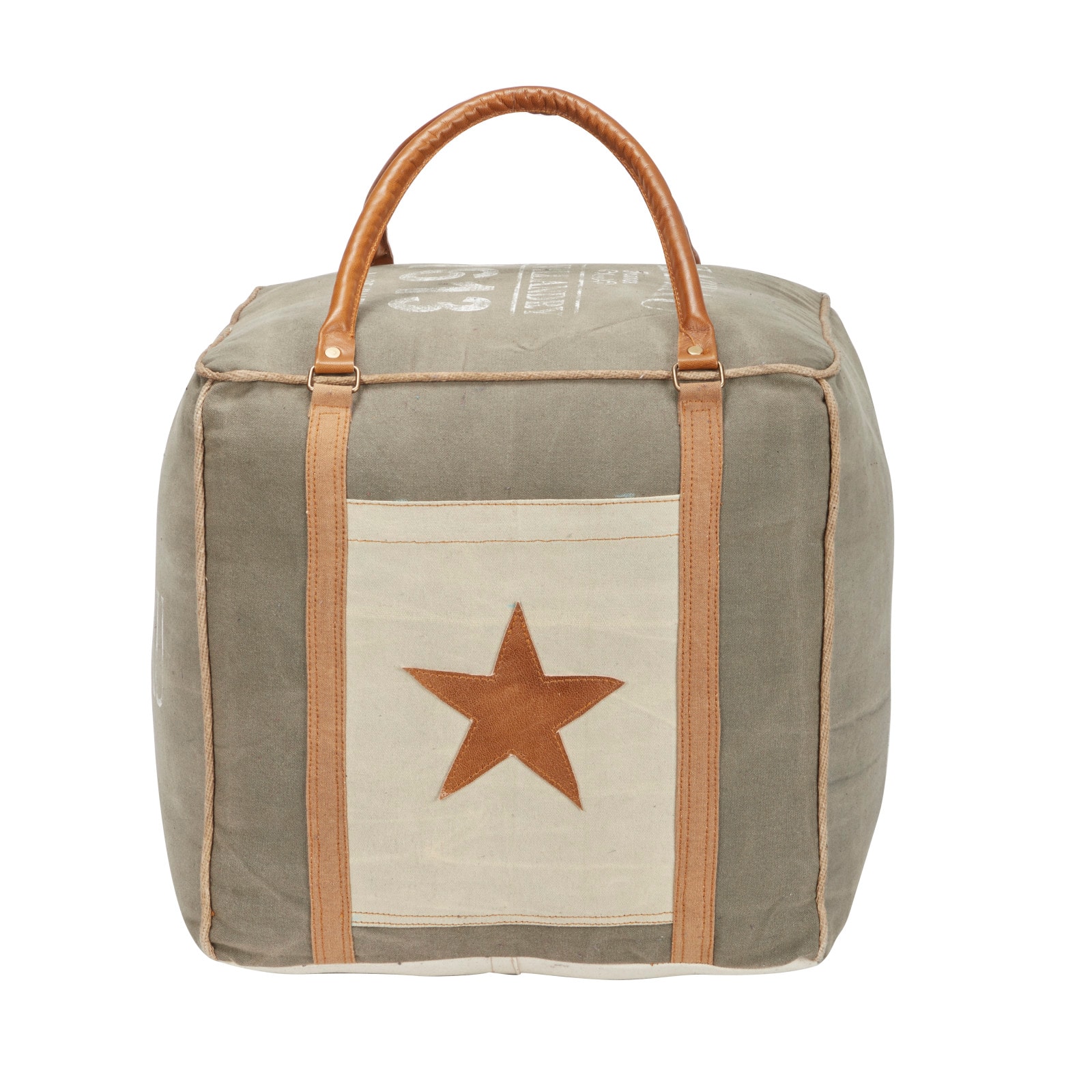 Gray Fabric and Leather Rustic Pouf, 17" x 21" x 21"