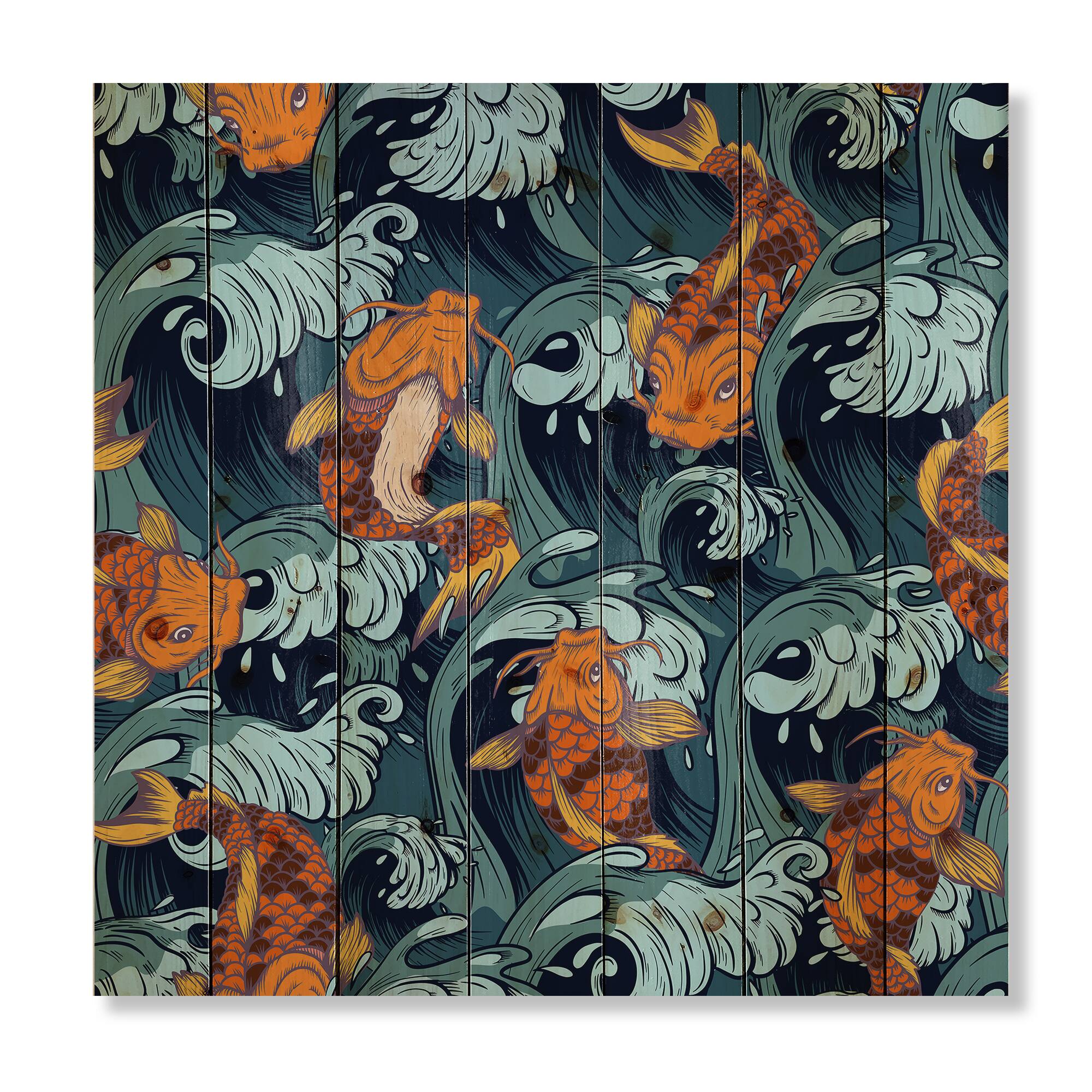 Designart - Japanese Koi Fish - Nautical & Coastal Print on Natural Pine Wood