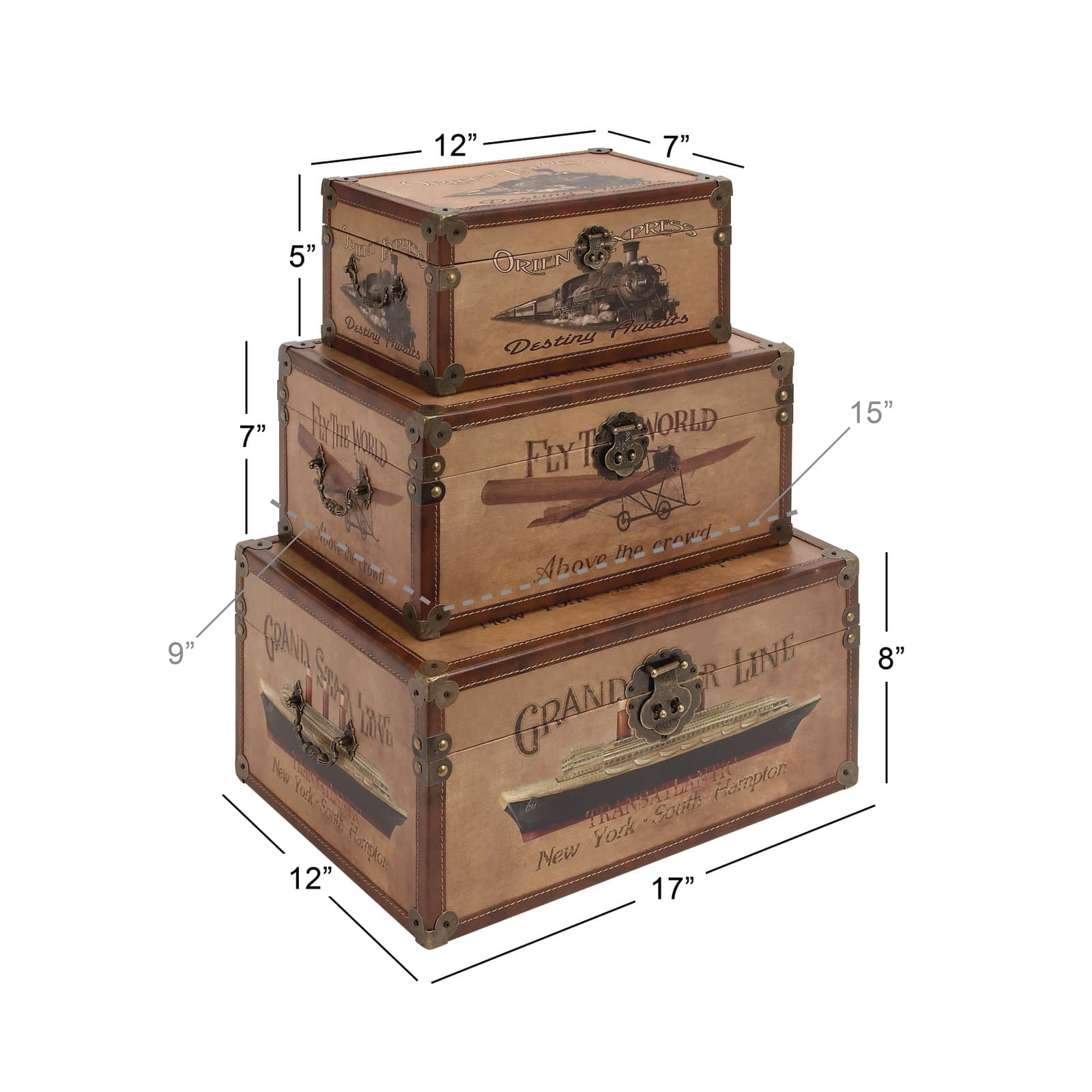 Set of 3" Brown Wood Vintage Trunk, 17", 15", 12"