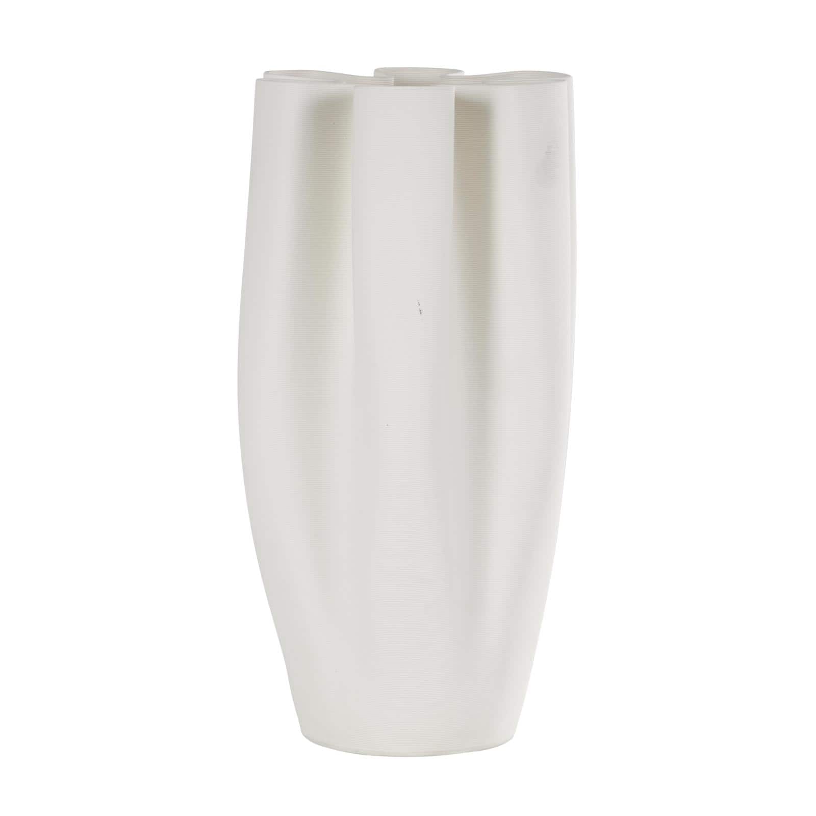 White Ceramic Abstract Ribbed Dimensional Folded Vase with Floral Shaped Rim