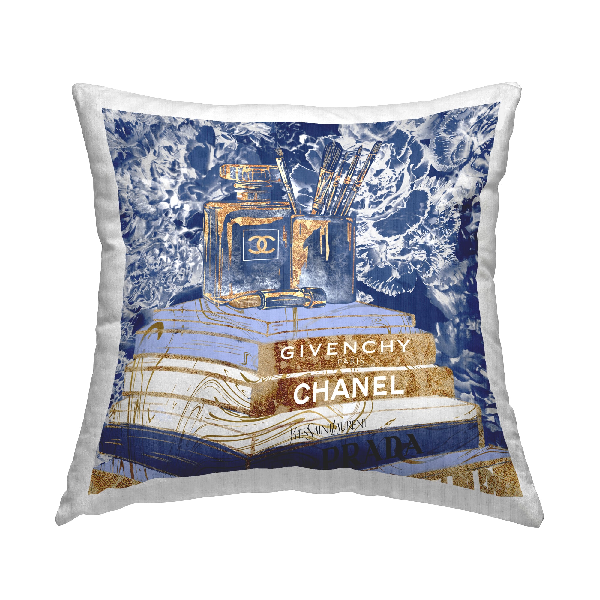 Stupell Industries Blue Fashion Book Pile Glam Designer Accessories Throw Pillow 18" x 18"