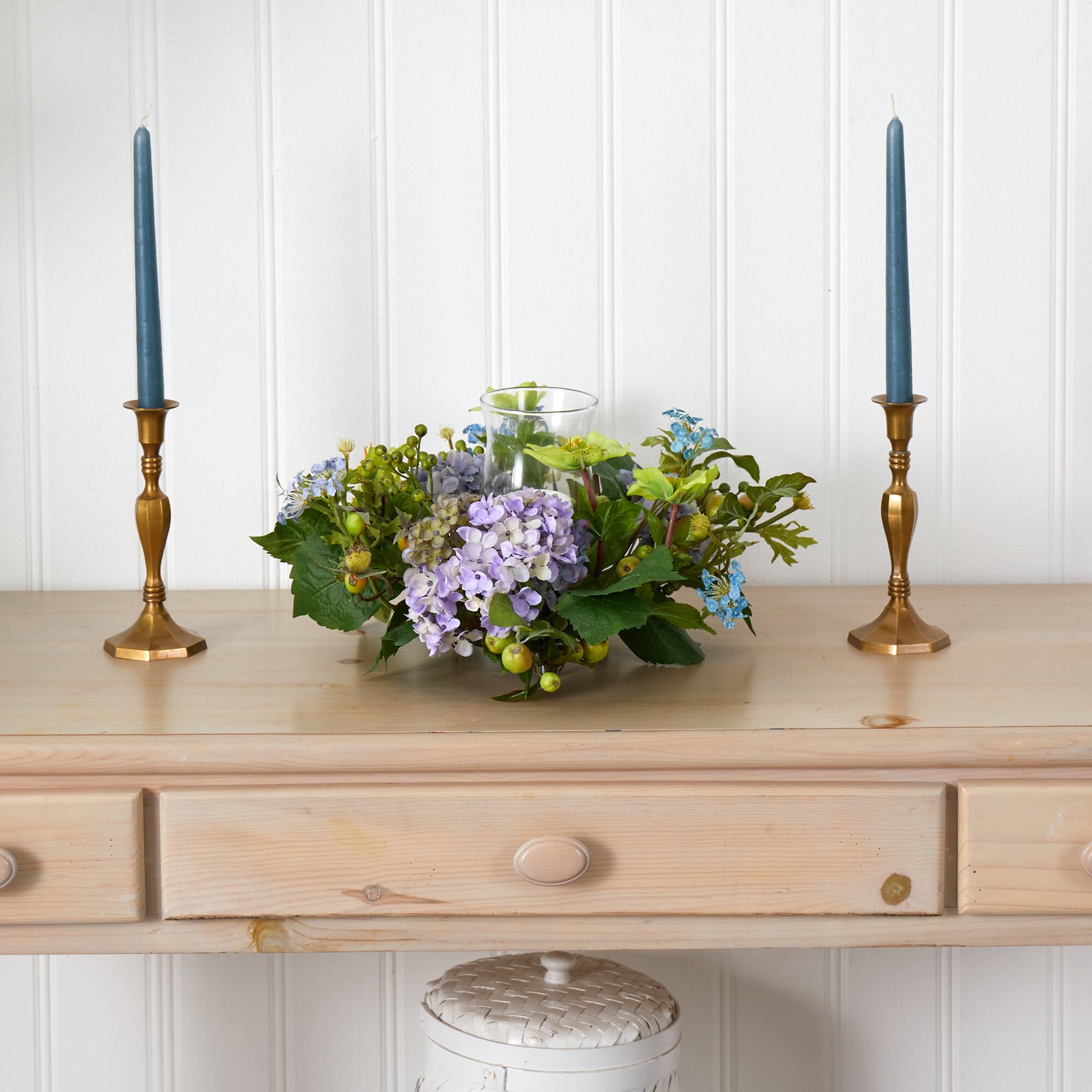 9" Blue Hydrangea Candelabrum Centerpiece