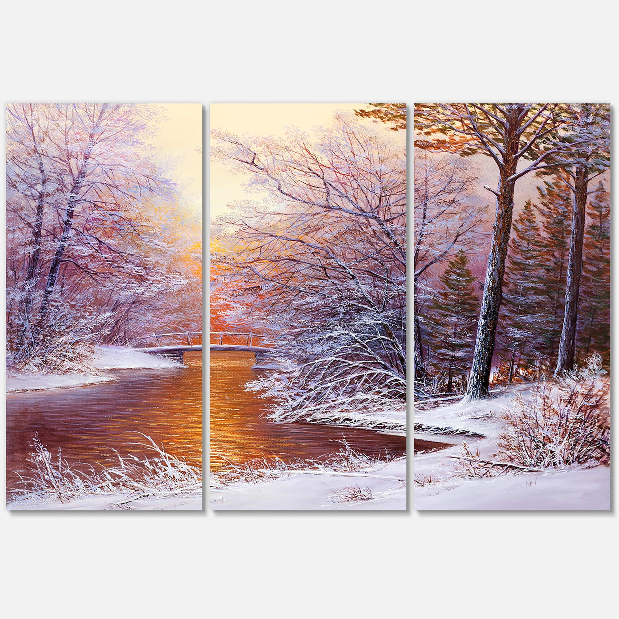 Designart - Christmas Forest With River and Trees II - Traditional Canvas Wall Art Print