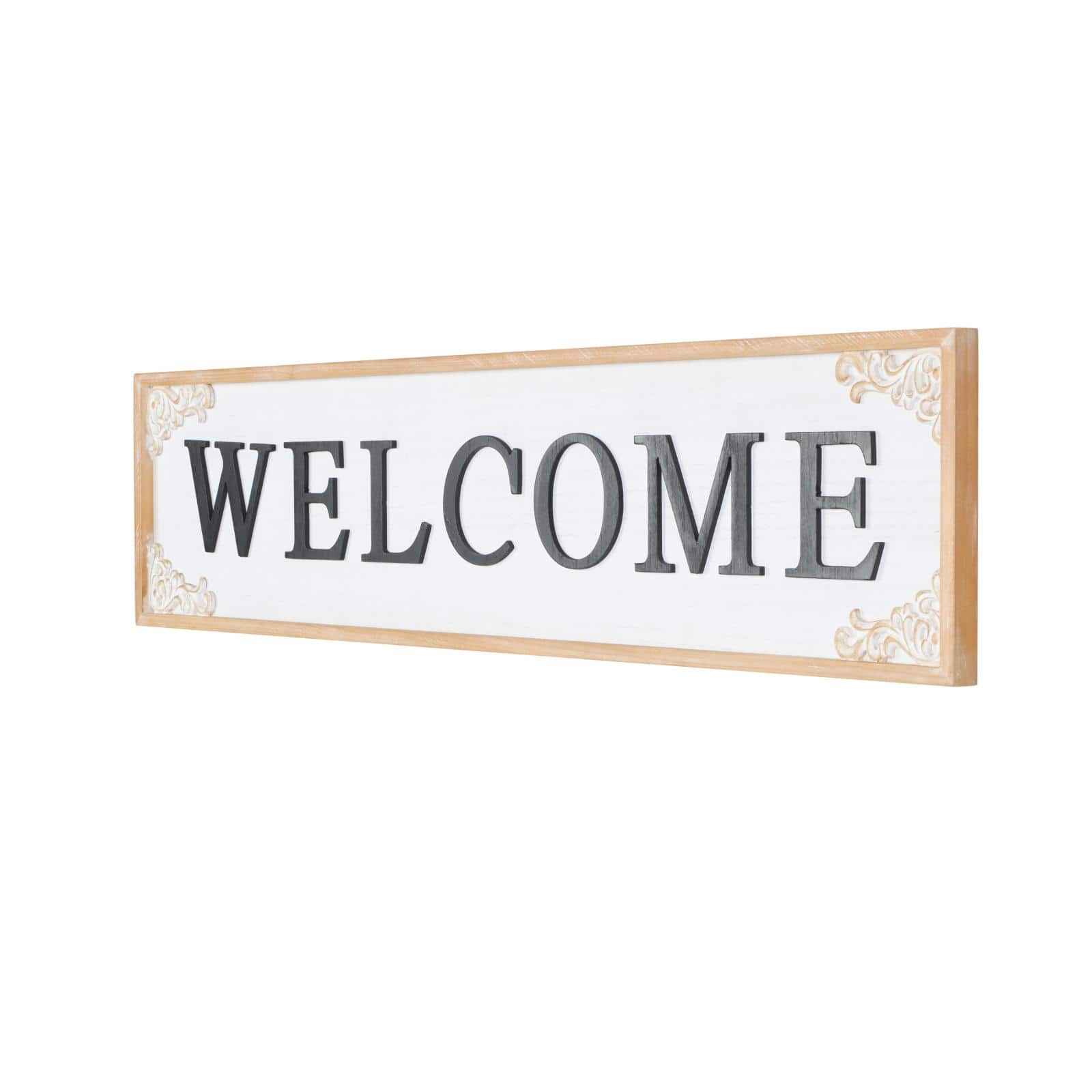 46" x 11" White with Scroll Details Wooden Welcome Sign Wall Décor