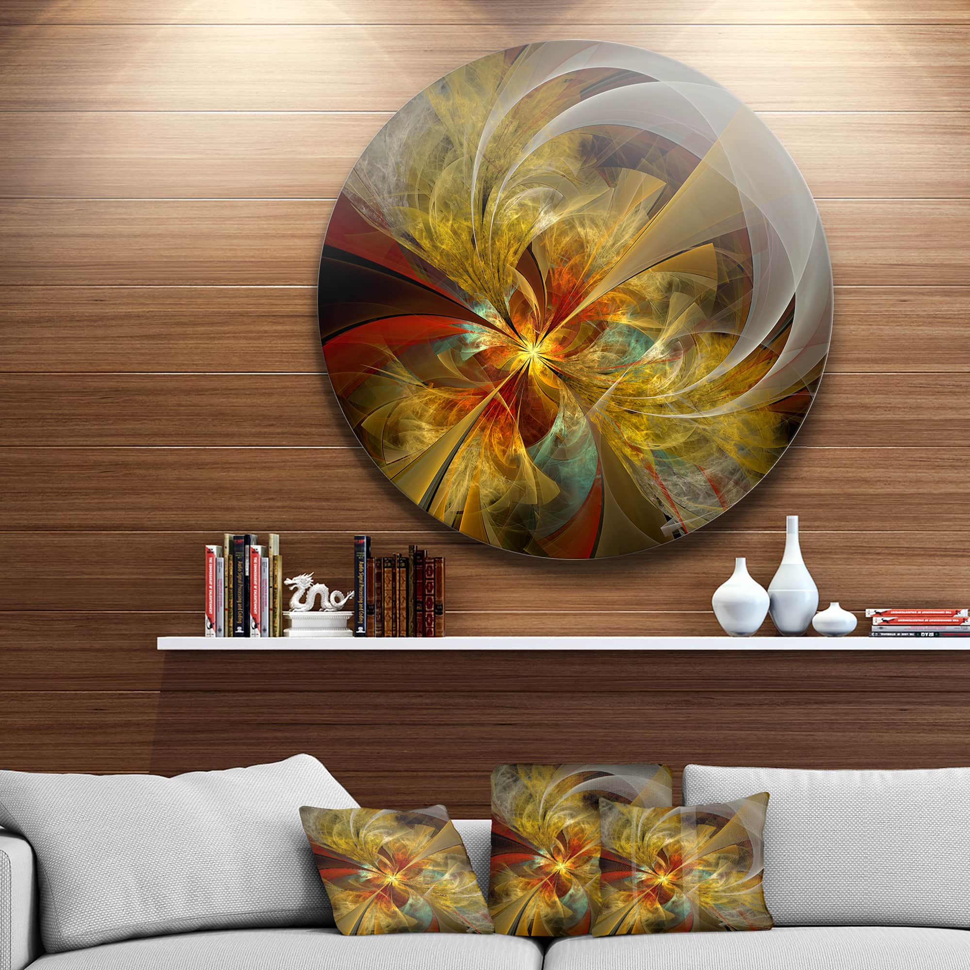 Designart - Bright Yellow Symmetrical Flower Design' Floral Metal Circle Wall Art