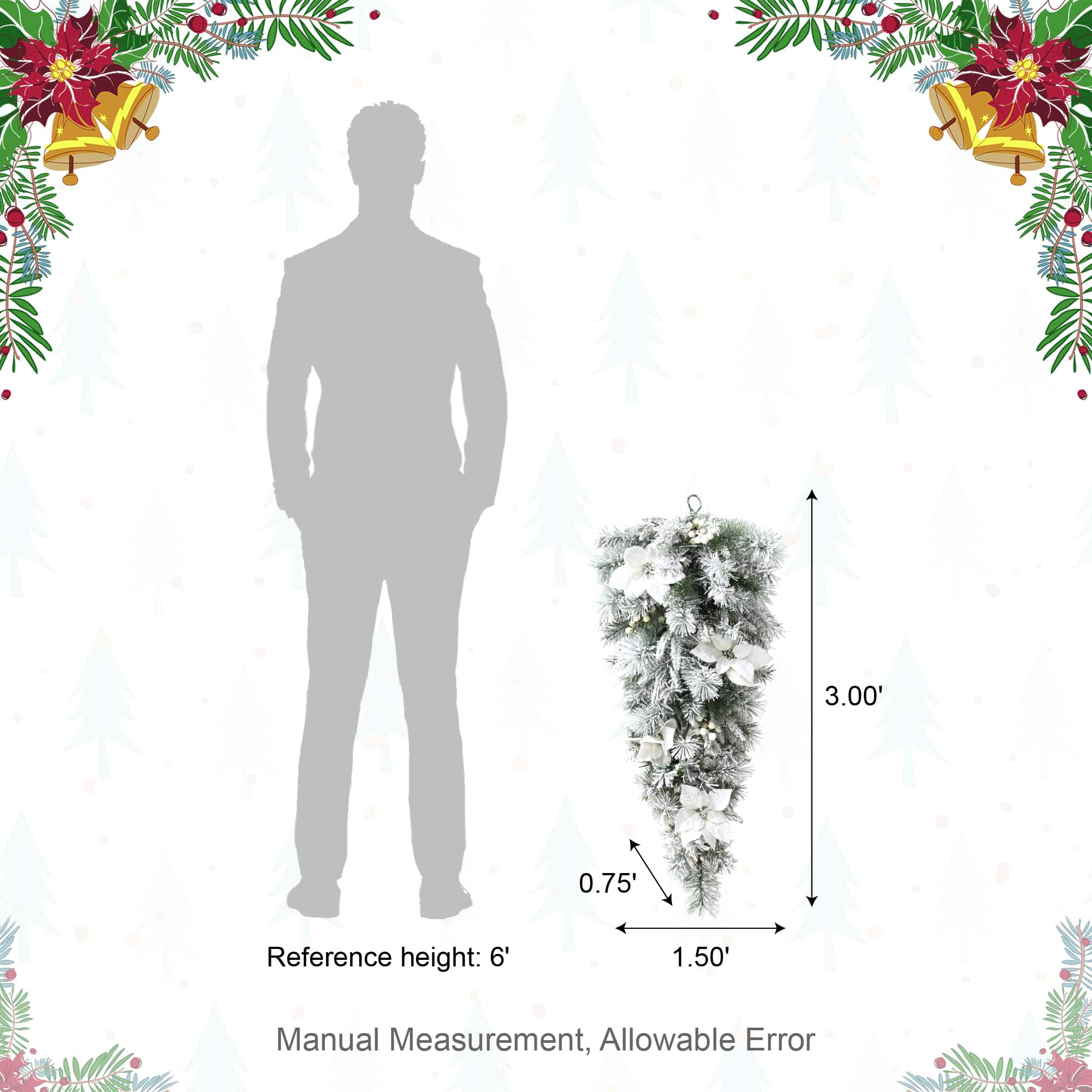 Glitzhome® 36" Pre-Lit Flocked Greenery Pine White Poinsettia & Berry Christmas Teardrop with Timer