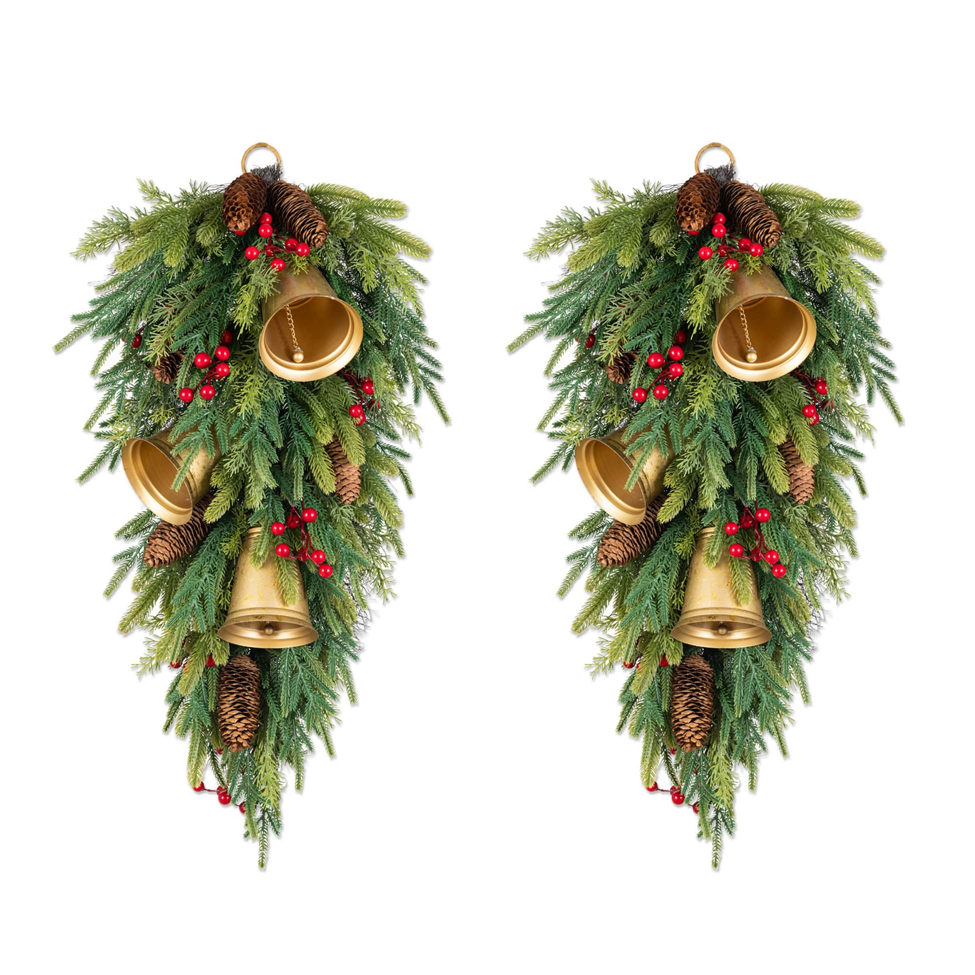 Glitzhome® 30" Christmas Deluxe Gold Bell & Pinecone PE Dripping Teardrop, Set of 2