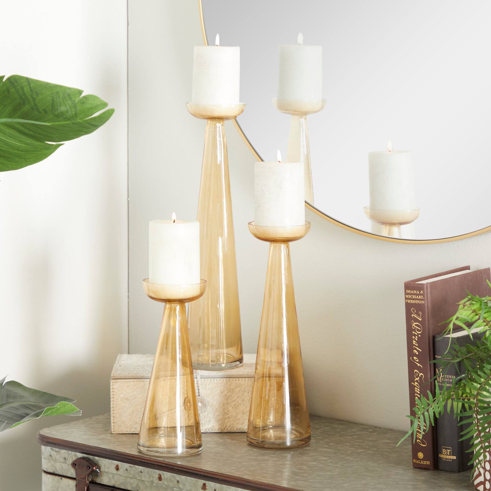 Set of 3 Gold Glass Contemporary Candle Holder, 3" x 3" x 3"