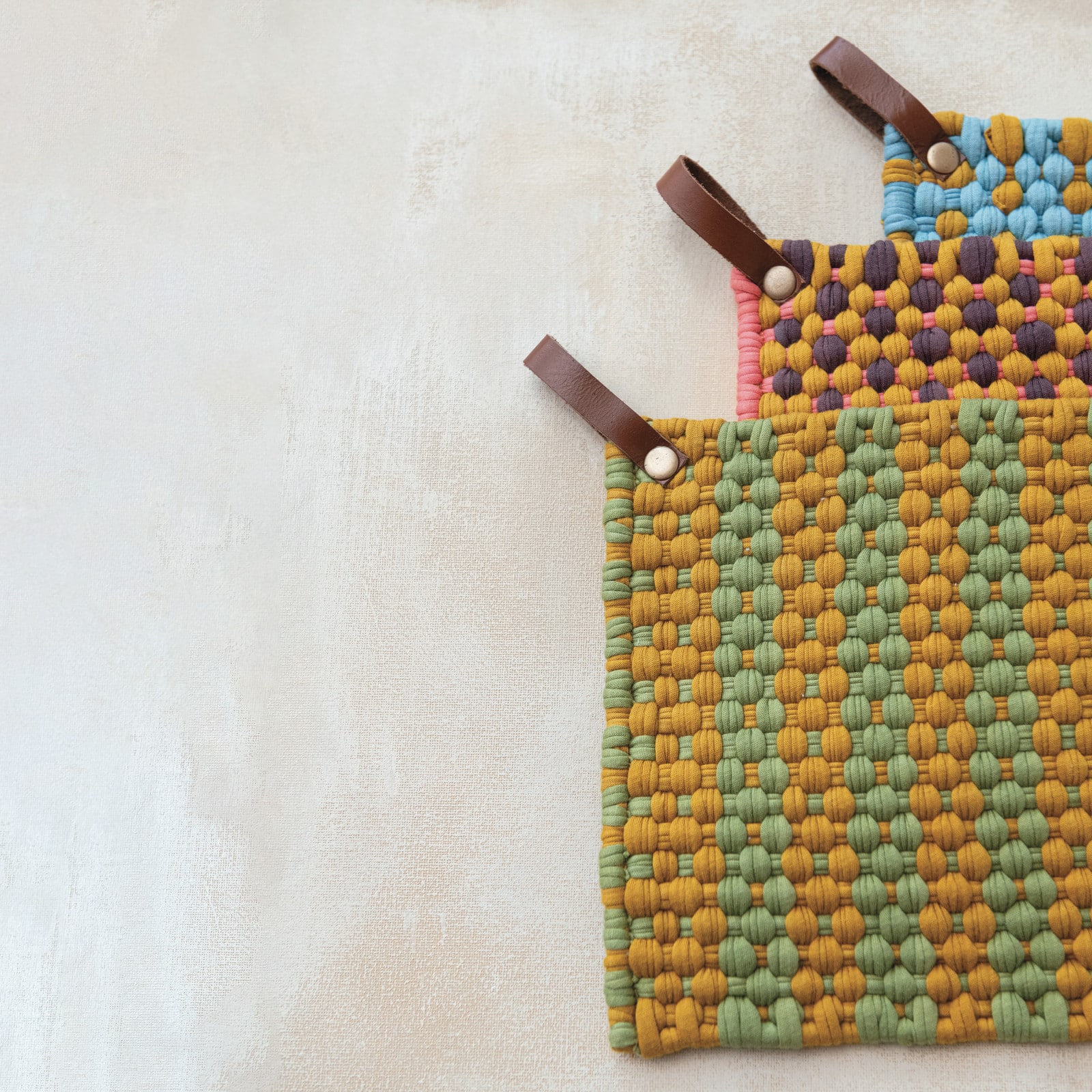 Hello Honey® Multi-Tone Cotton Crocheted Pot Holders with Leather Loop Set
