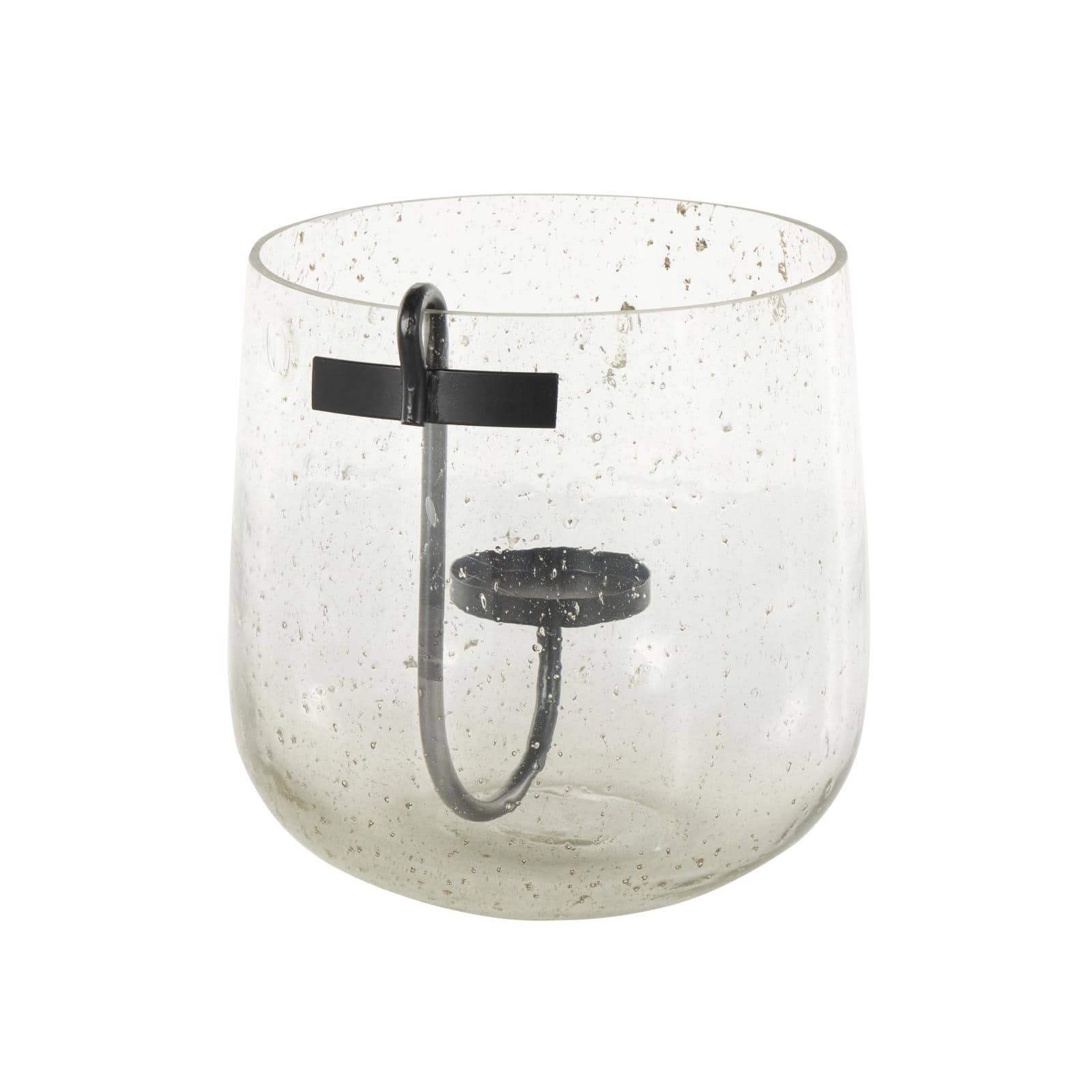 10.25" Clear Glass Candle Holder with Black Metal Accents and Brown Speckles