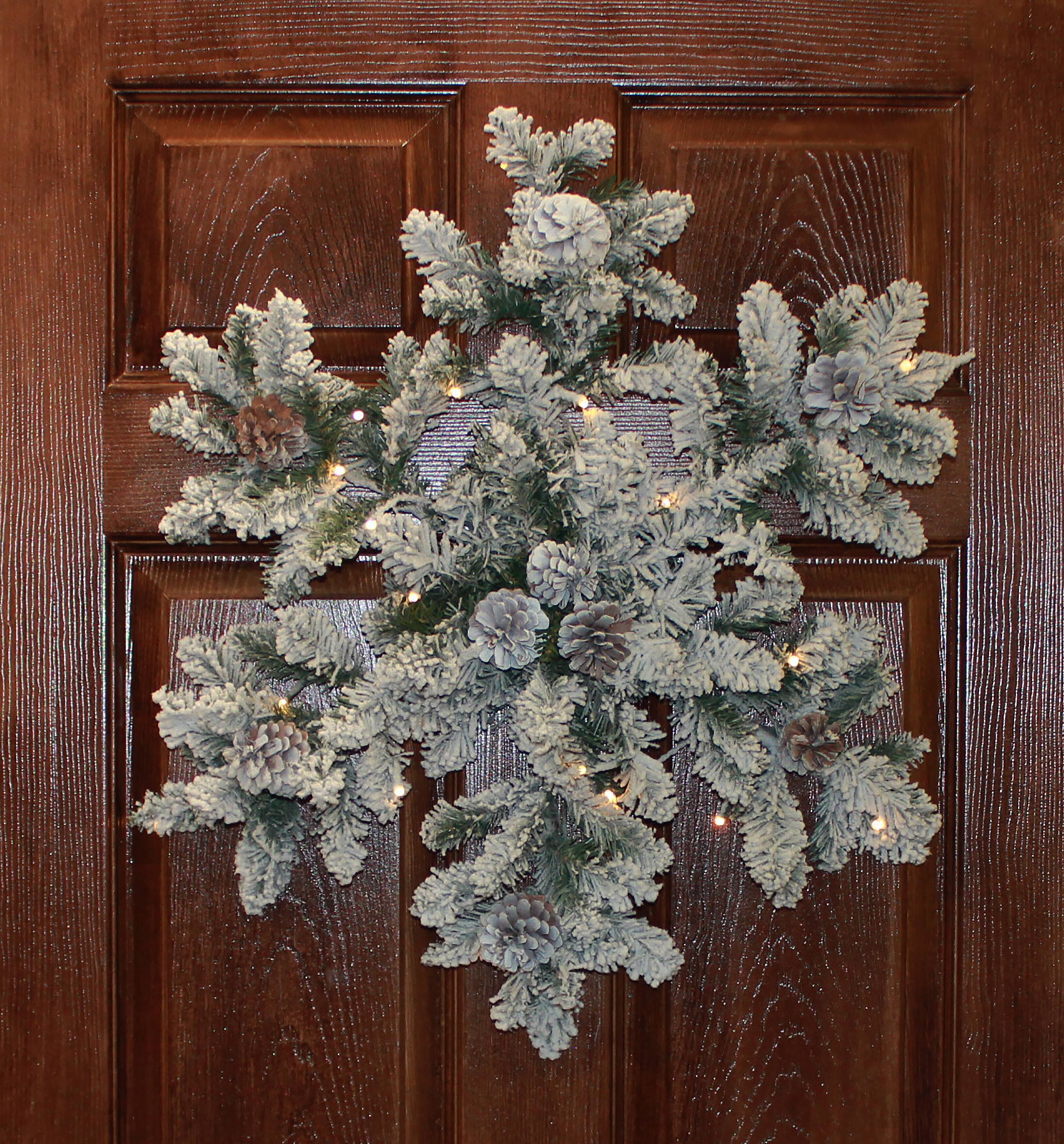 25" Lighted White Spruce w/ Cones Snowflakes Wreath