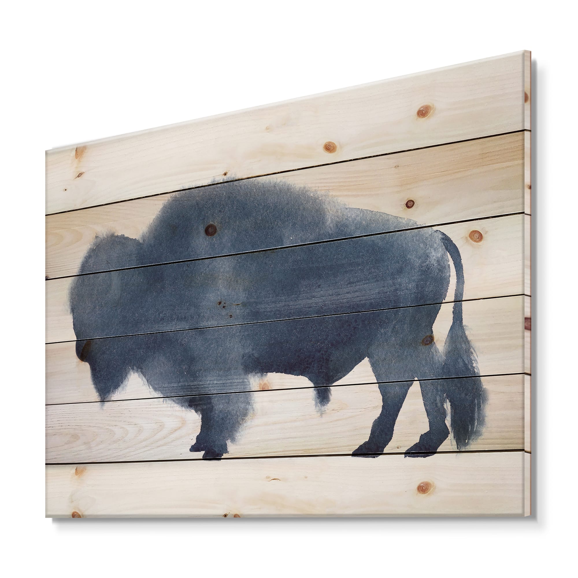 Designart - Navy Blue Bison Silhouette - Farmhouse Print on Natural Pine Wood