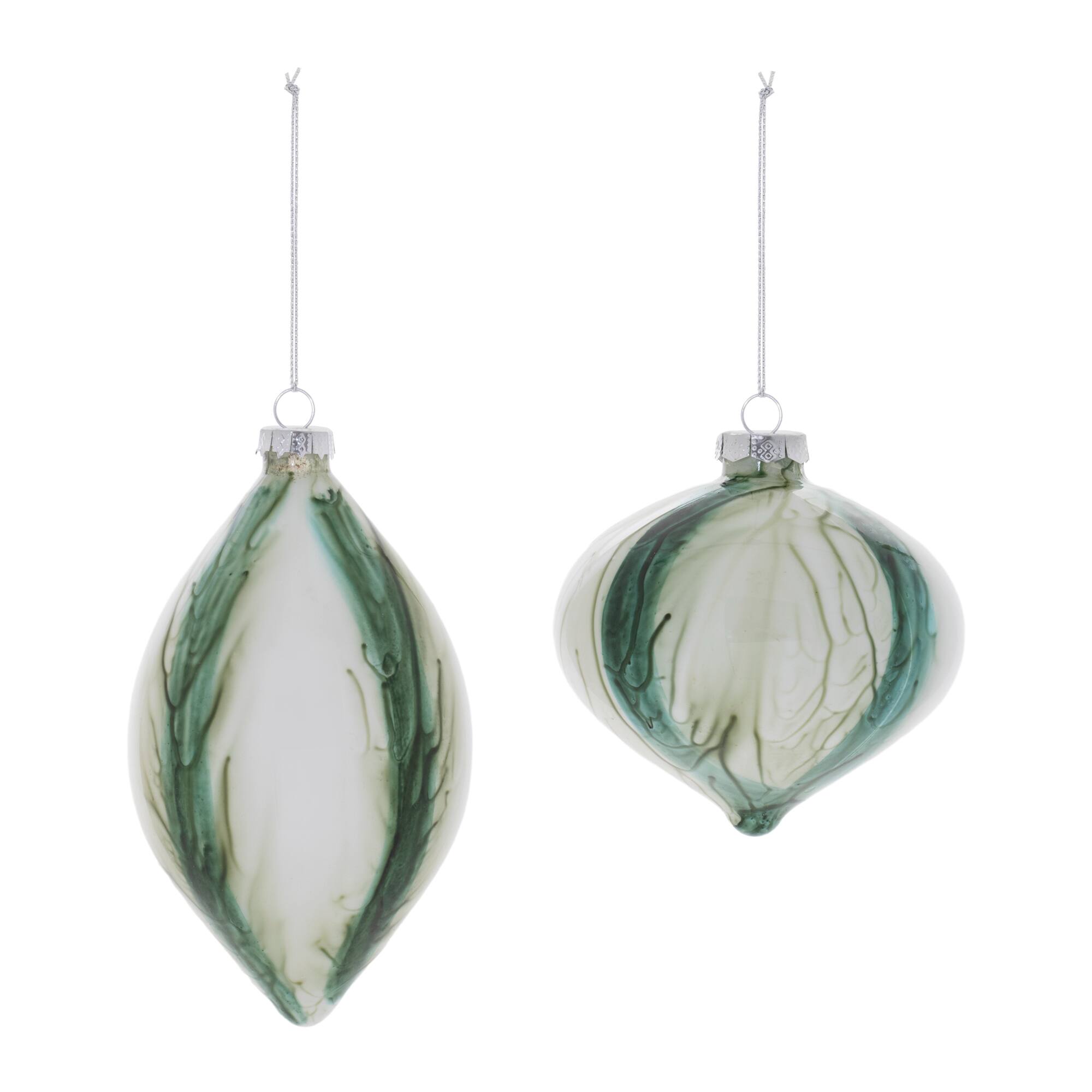 Melrose White & Green Glass Ornament Set
