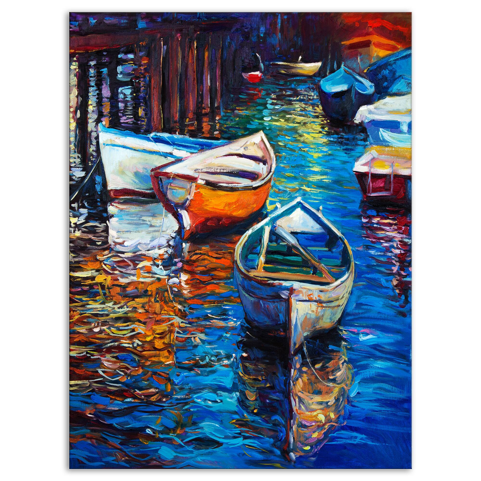 Designart - Boat over the lake - Sea & Shore Painting Print on Wrapped Canvas