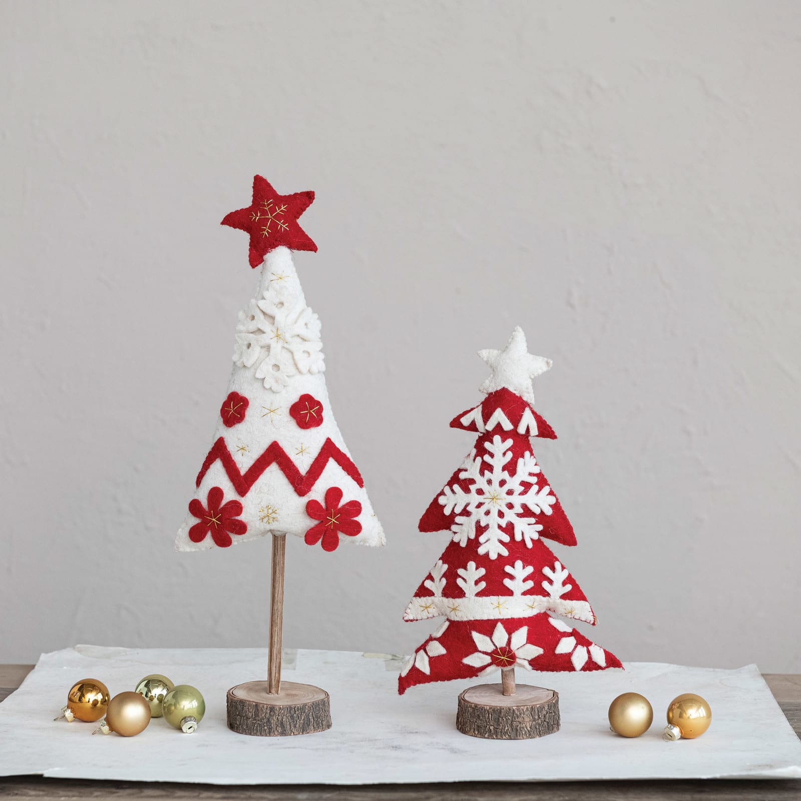 Hello Honey® 12.5" Red & White Handmade Wool Felt Christmas Tree with Applique, Embroidery & Wood Base