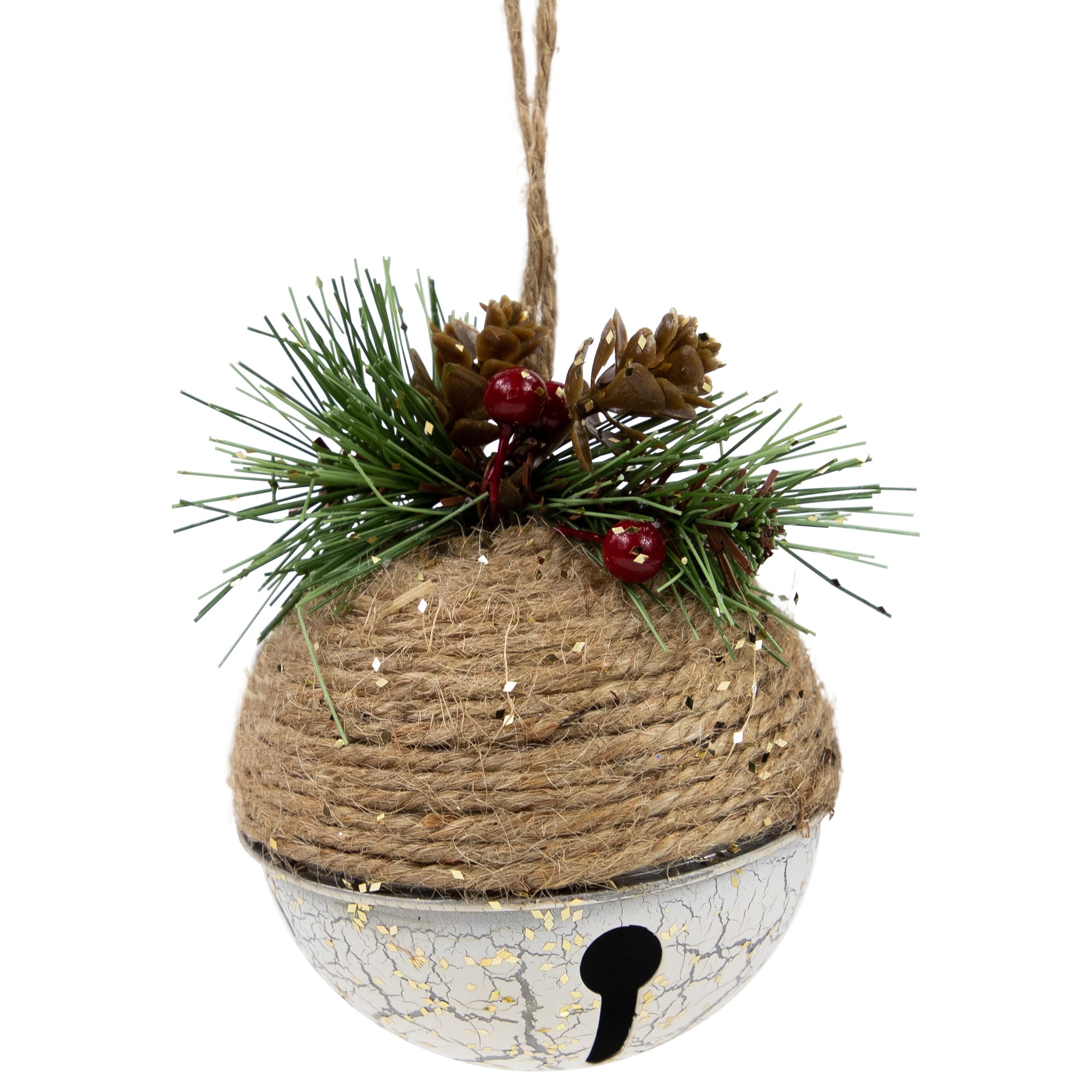 5" Green Rustic Pinecone & Holly Berry Jingle Bell Ornament
