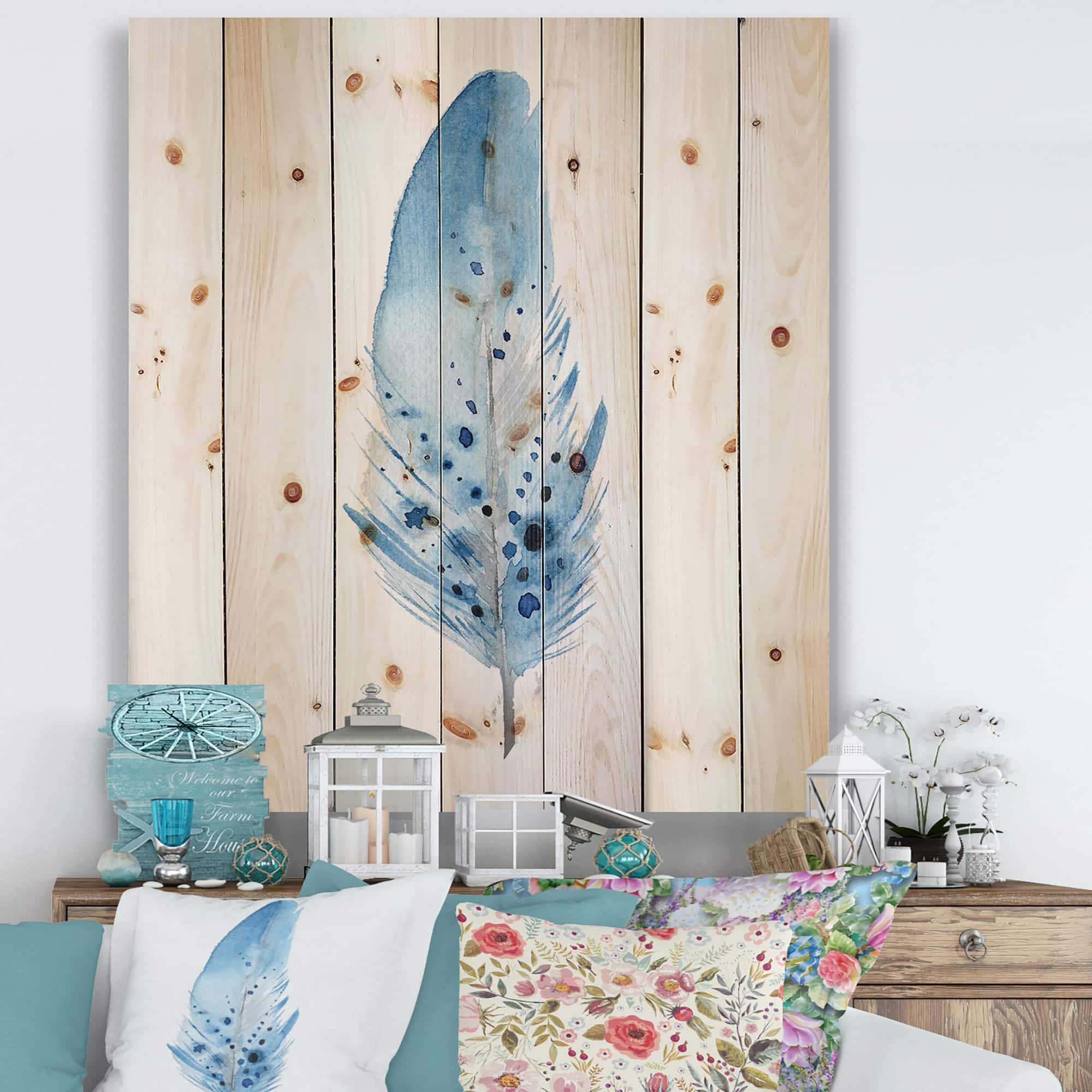 Designart - Blue Boho Feathers - Bohemian & Eclectic Print on Natural Pine Wood